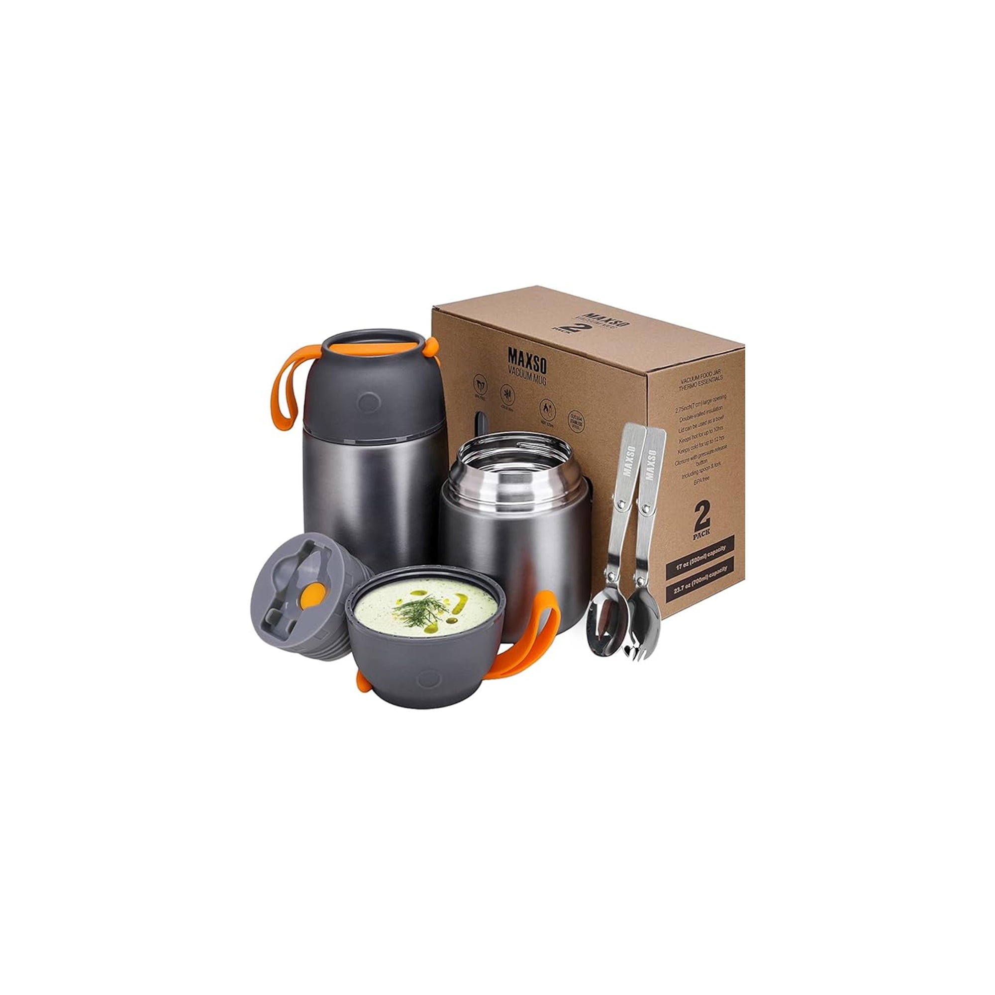 MAXSO 2 Pack Soup Thermos Vacuum Insulated Food Jar Hot and Cold Thermal Lunch Container for Kids and Adults