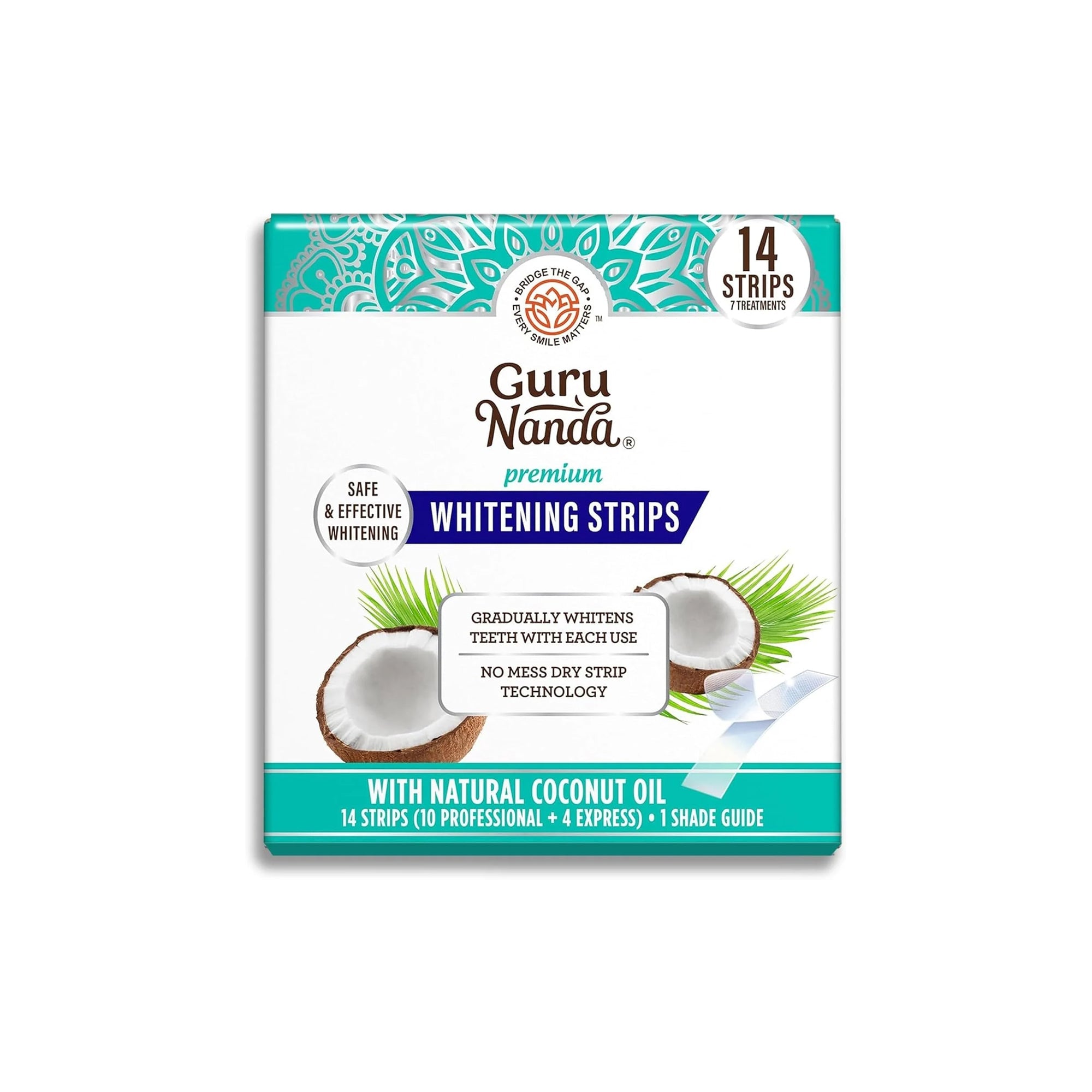 GuruNanda Express Whitening Strips Ÿ?? Natural Coconut Oil, Enamel Safe, 14 Strips