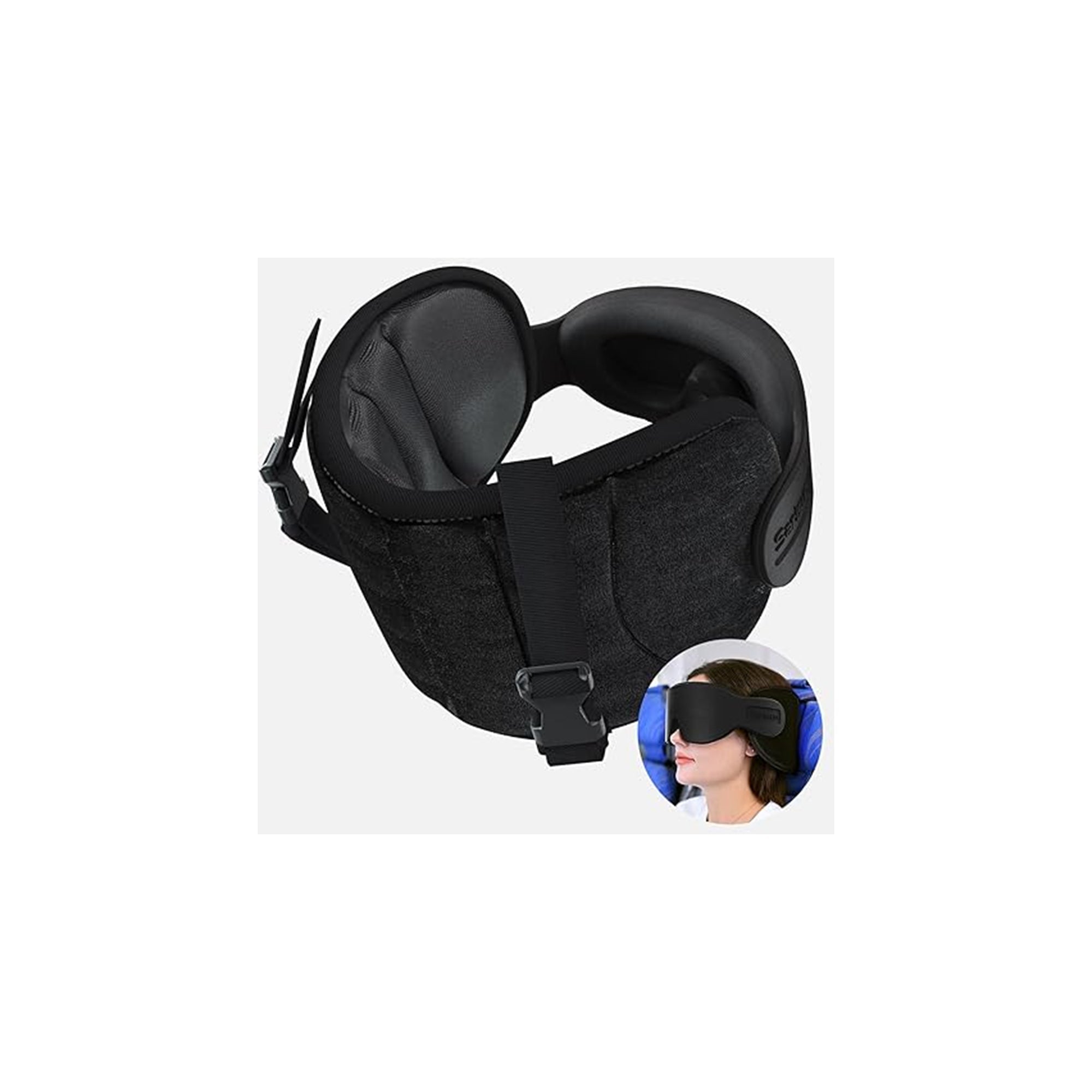 Travel Neck Pillow with Eye Mask – Airplane Neck Pillow for Long Flights, Car Travel Headrest Cushion (Black)