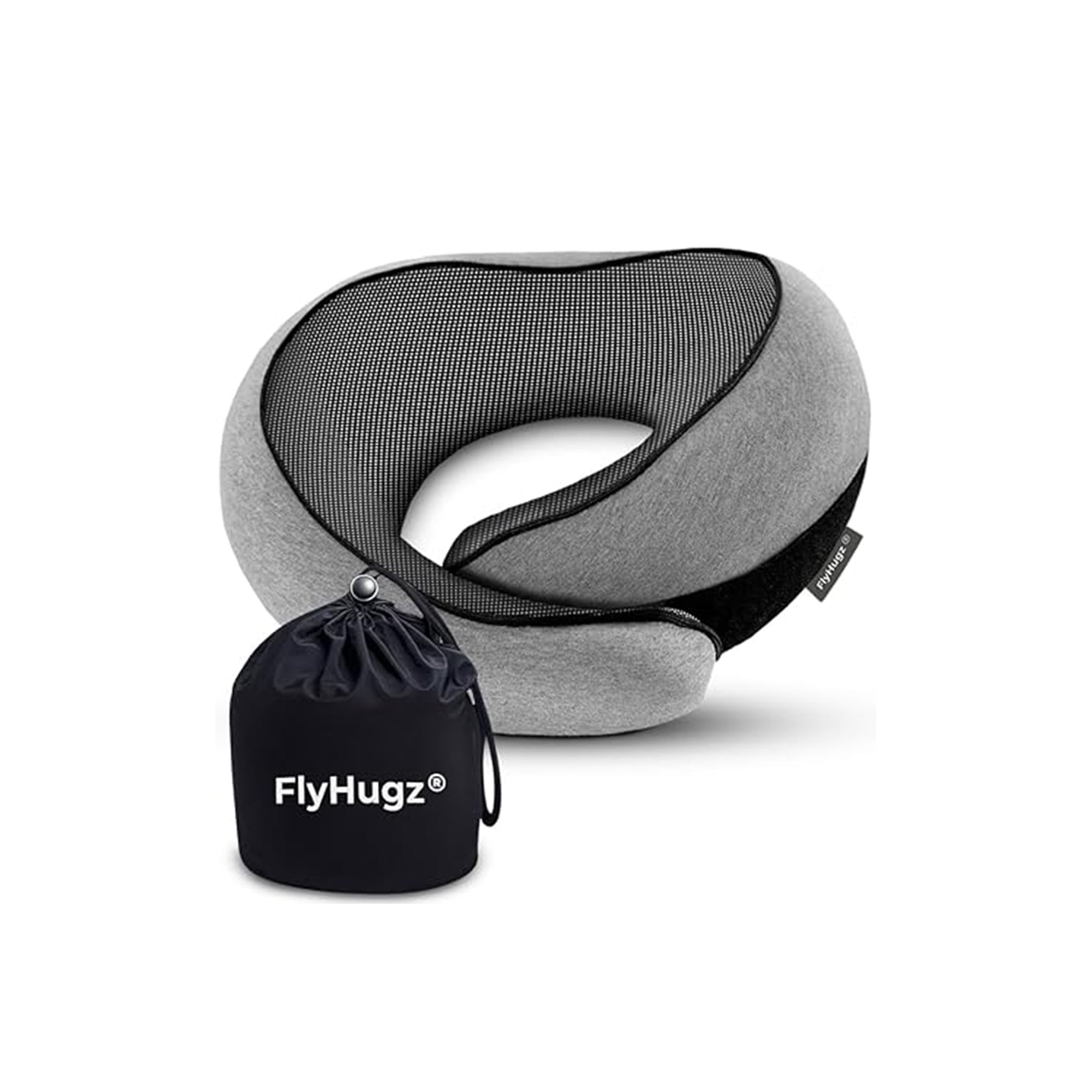 FlyHugz™ Neck Travel Pillow – Memory Foam Ergonomic Neck Pillow for Airplane Travel, Compact Support for Car Rides, Home & Office Use (Gray)