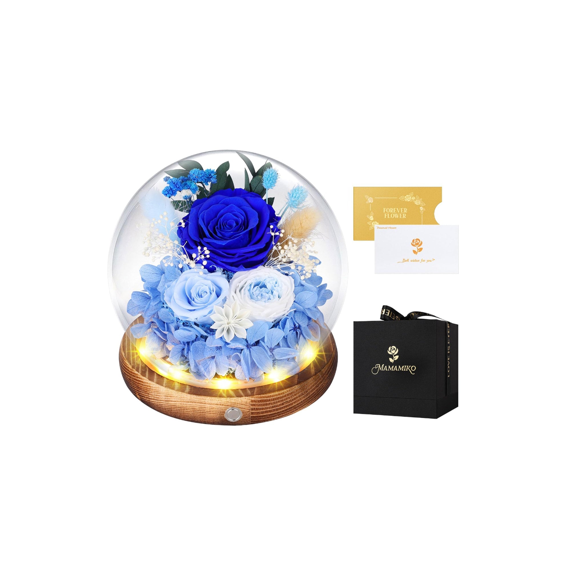 Eternal Roses in Glass Dome with LED Light – Preserved Real Forever Roses Gift for Women | Romantic Anniversary, Birthday & Mother’s Day Gift (Blue)