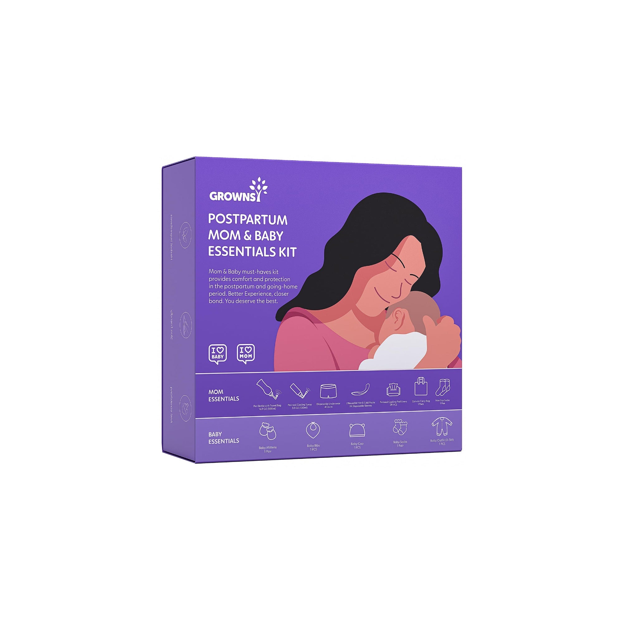 Grownsy Postpartum Mom & Baby Essential Kit – Postpartum Recovery Kit with Peri Bottle, Herbal Cooling Spray & Cooling Liners for After Birth Care