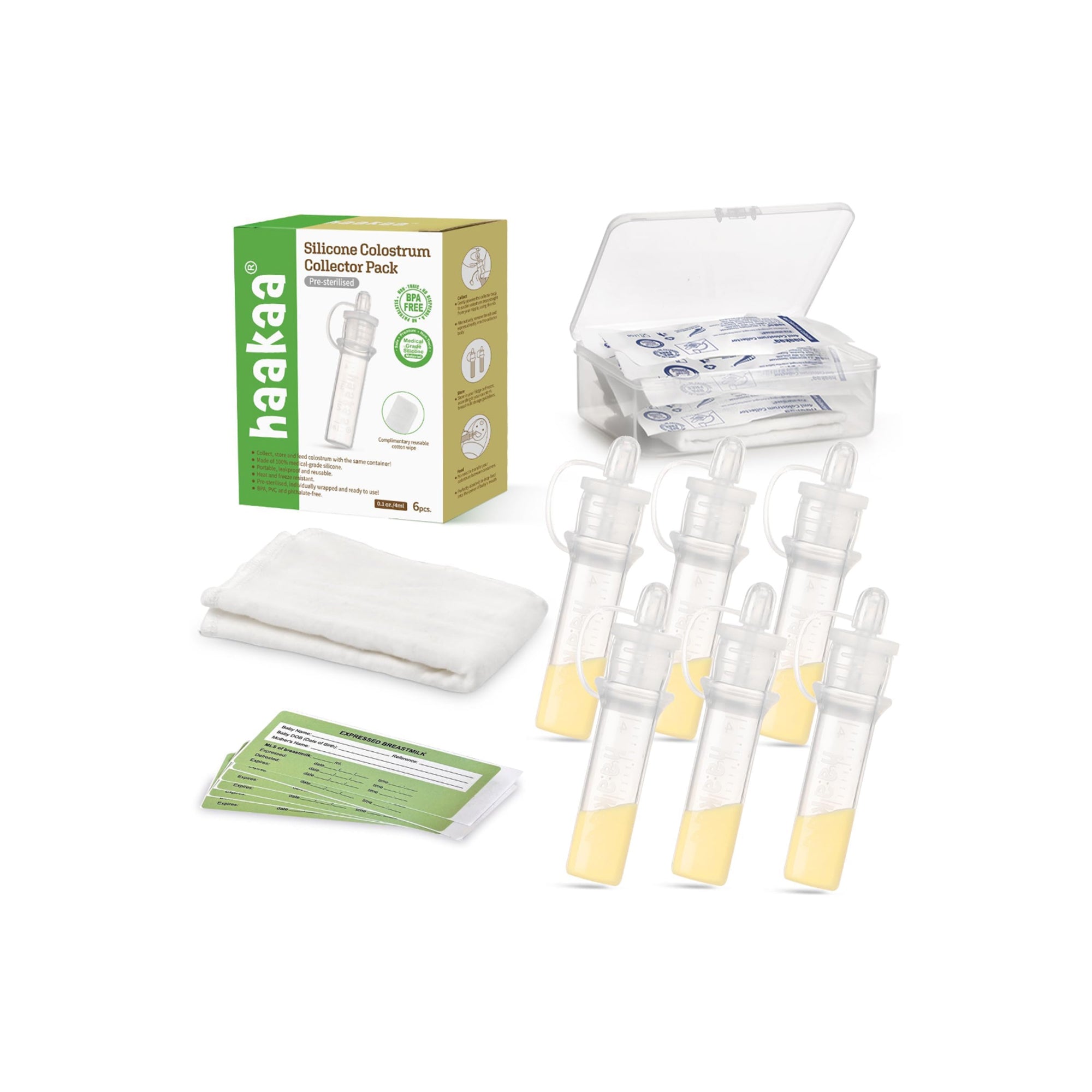 Haakaa Colostrum Collector Kit 4ml (6pcs) – Reusable BPA-Free Breast Milk Collection Kit with Storage Case & Cotton Wipe | Safe Prenatal Colostrum Harvesting Set