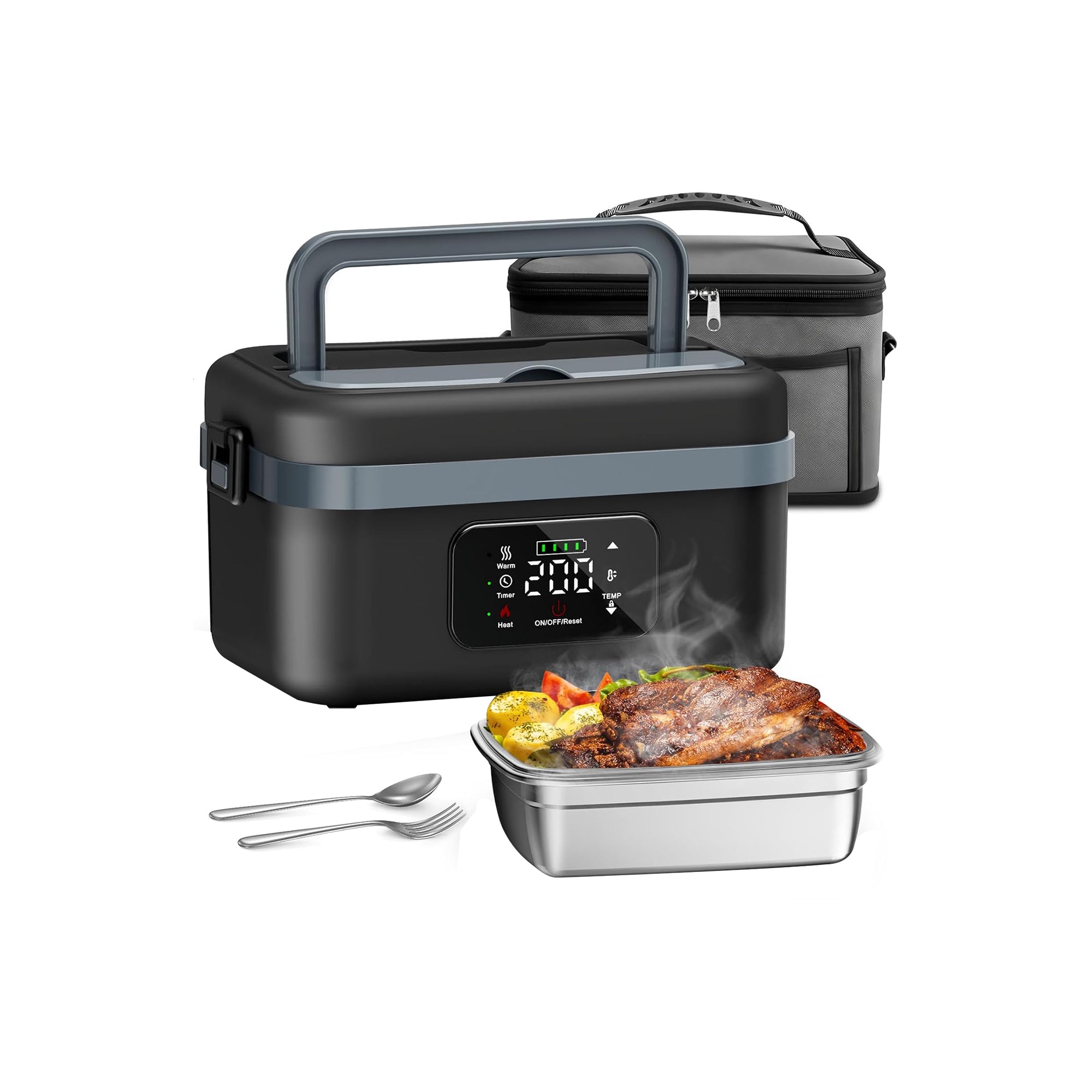 Angju Electric Lunch Box for Adults – Cordless Rechargeable Food Warmer with Timer & Adjustable Heating, 1L Portable Insulated Lunch Box for Office & Car