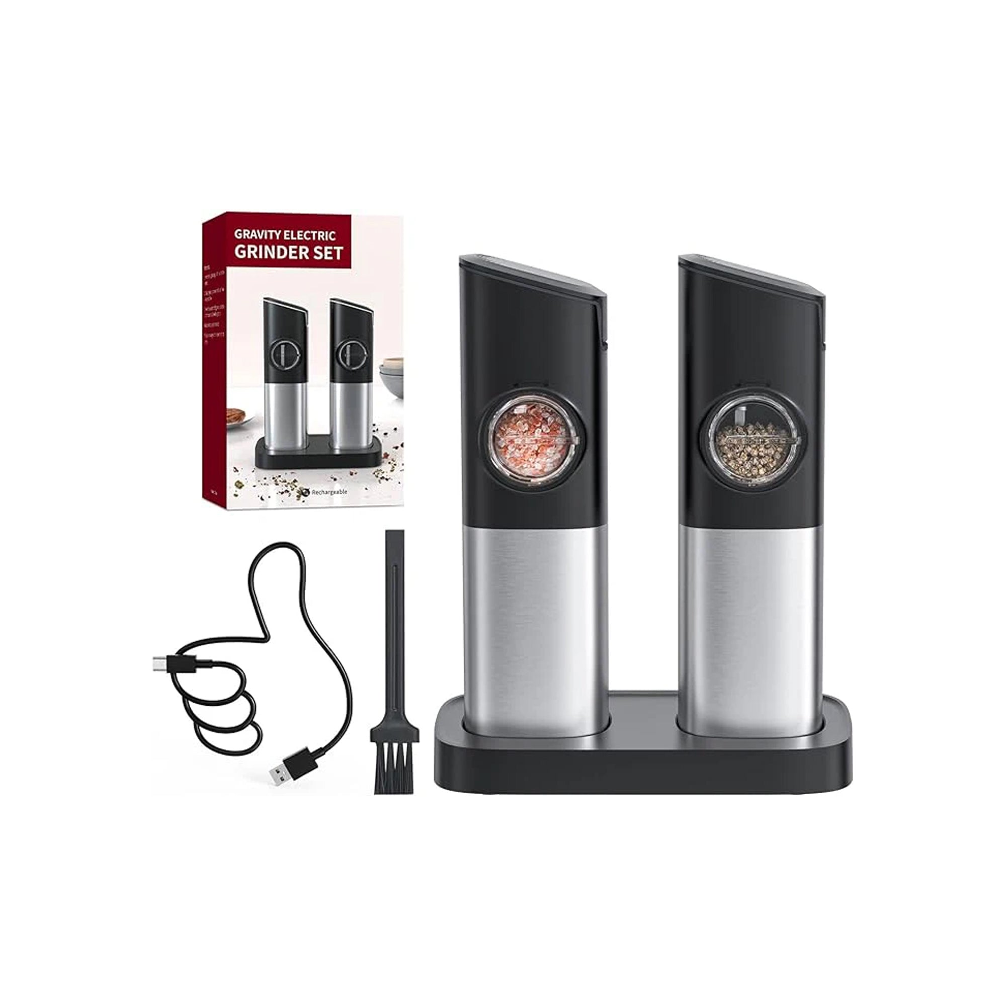 CIRCLE JOY Gravity Electric Salt & Pepper Grinder Set Ÿ?? Rechargeable, Dual Charging Base, Dustproof Cover, LED Light, Adjustable Coarseness & One-Hand Automatic Operation