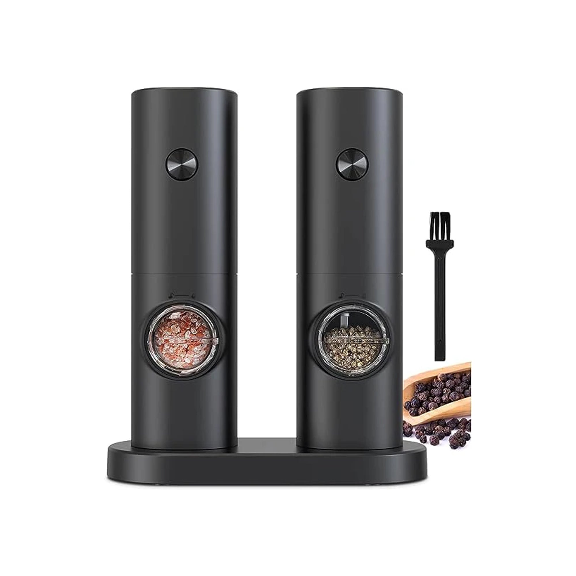 COKUNST Electric Salt & Pepper Grinder Set Ÿ?? Battery-Powered, Adjustable 5-Level Coarseness, Black with Stand, Automatic Operation