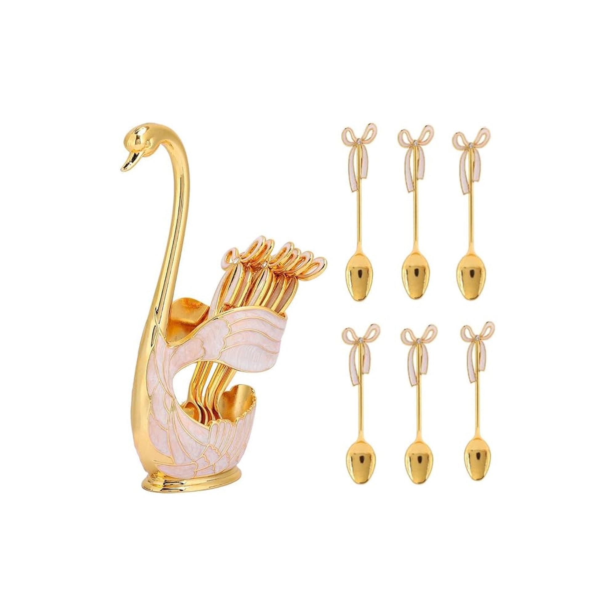 Metal Coffee & Dessert Spoon Set Ÿ?? 6-Piece with Swan Base Holder for Coffee, Dessert, Sugar & Ice Cream
