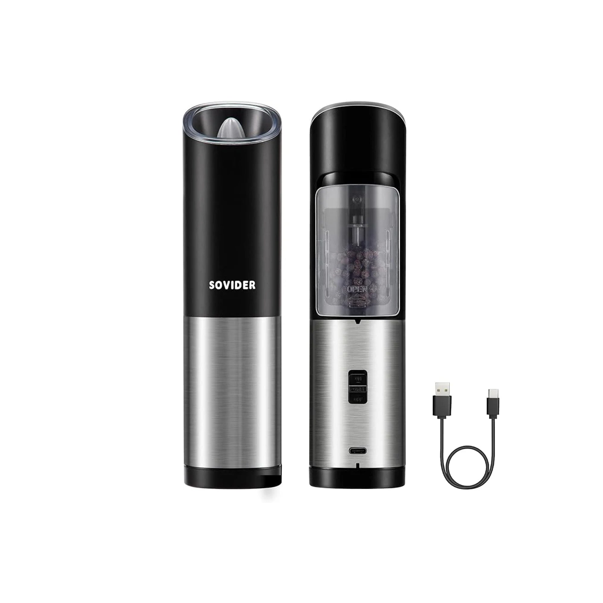 SOVIDER Gravity Electric Salt & Pepper Mill Ÿ?? Rechargeable, LED Light, Adjustable Coarseness, 304 Stainless Steel