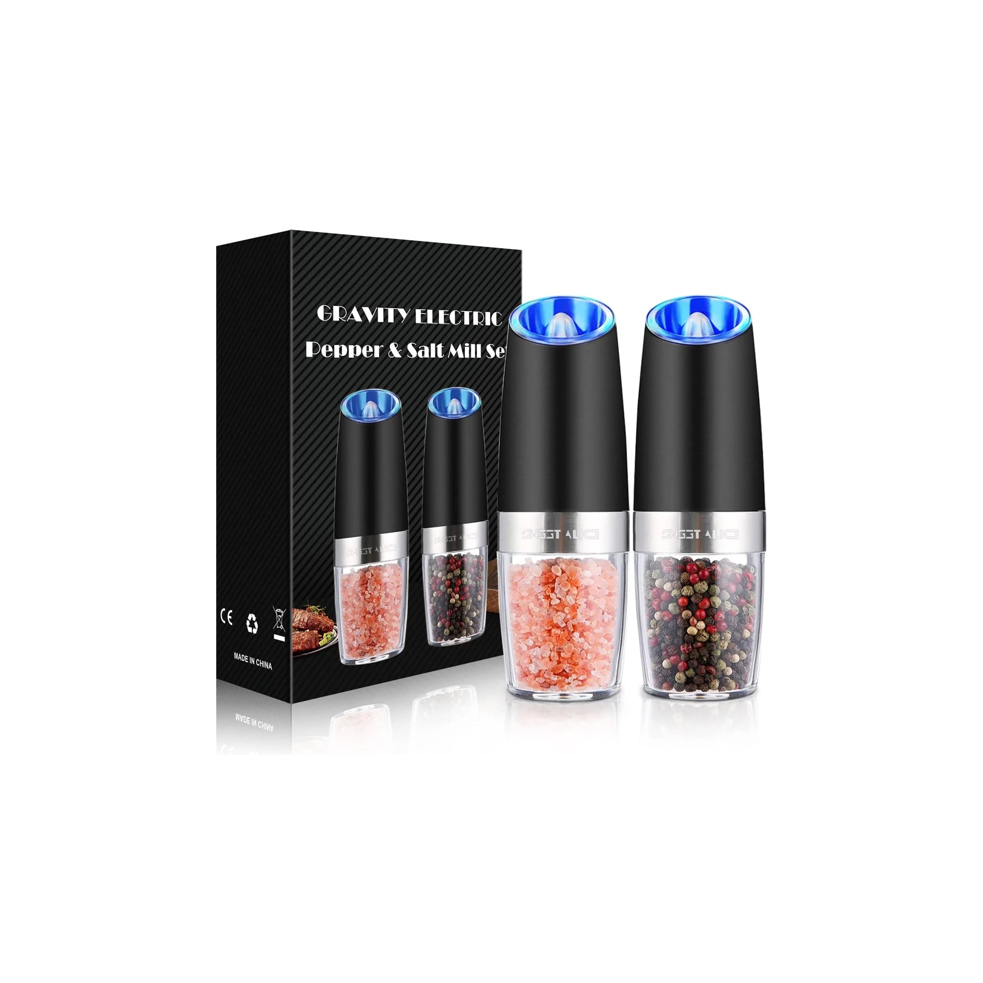 Gravity Electric Salt & Pepper Grinder Set Ÿ?? 2 Pack, One-Hand Operation, Adjustable, LED Light, Black Stainless Steel