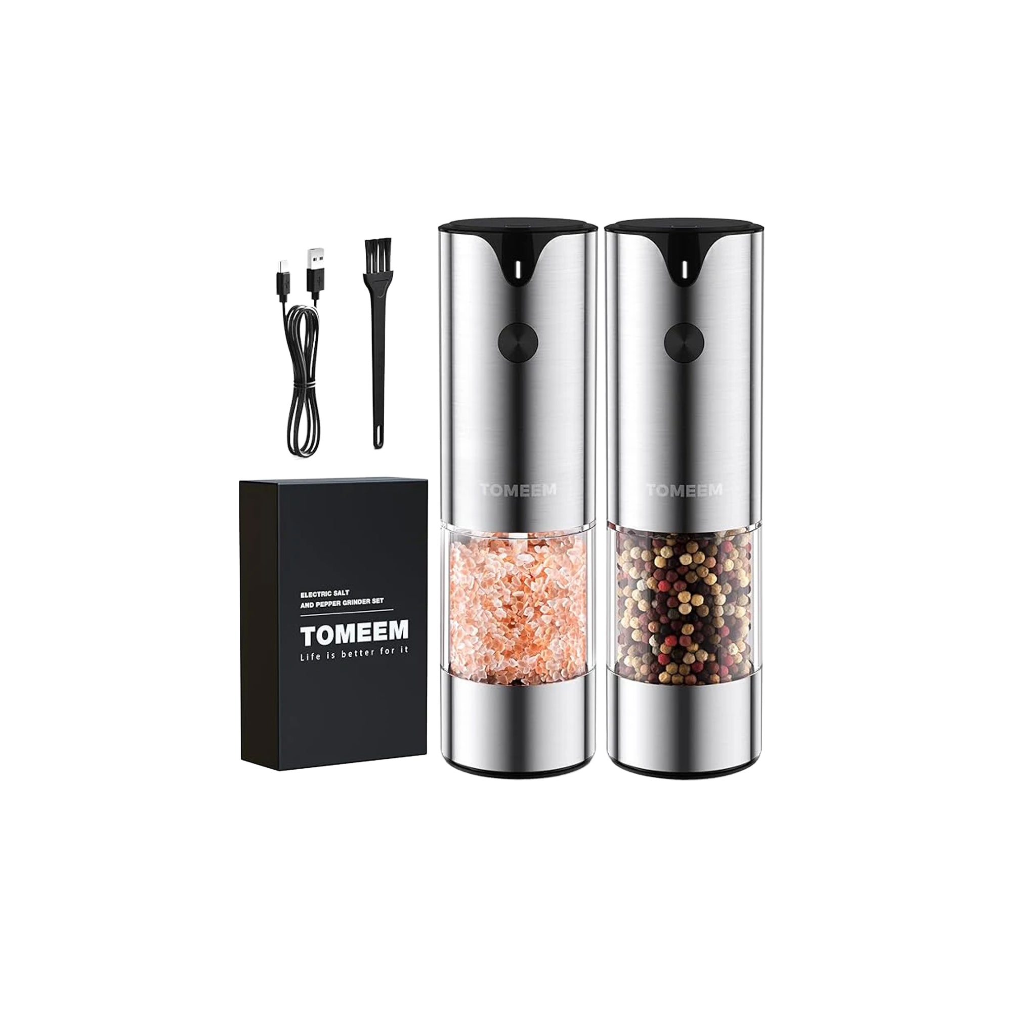 Electric Salt and Pepper Grinder Set Rechargeable with LED lights - Stainless Steel Automatic Pepper and Salt Gri