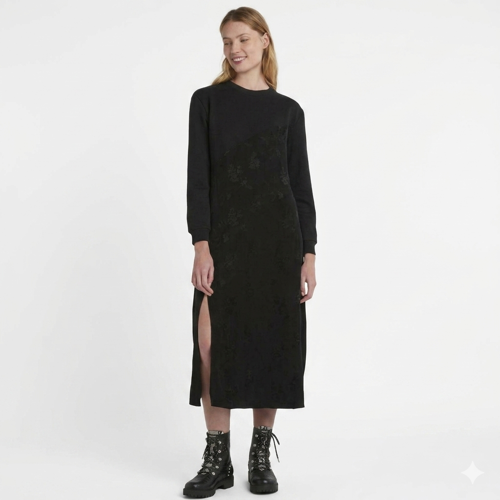 Desigual Women’s Woven Dress Black Size M – Long Sleeve Elegant Casual Midi Dress