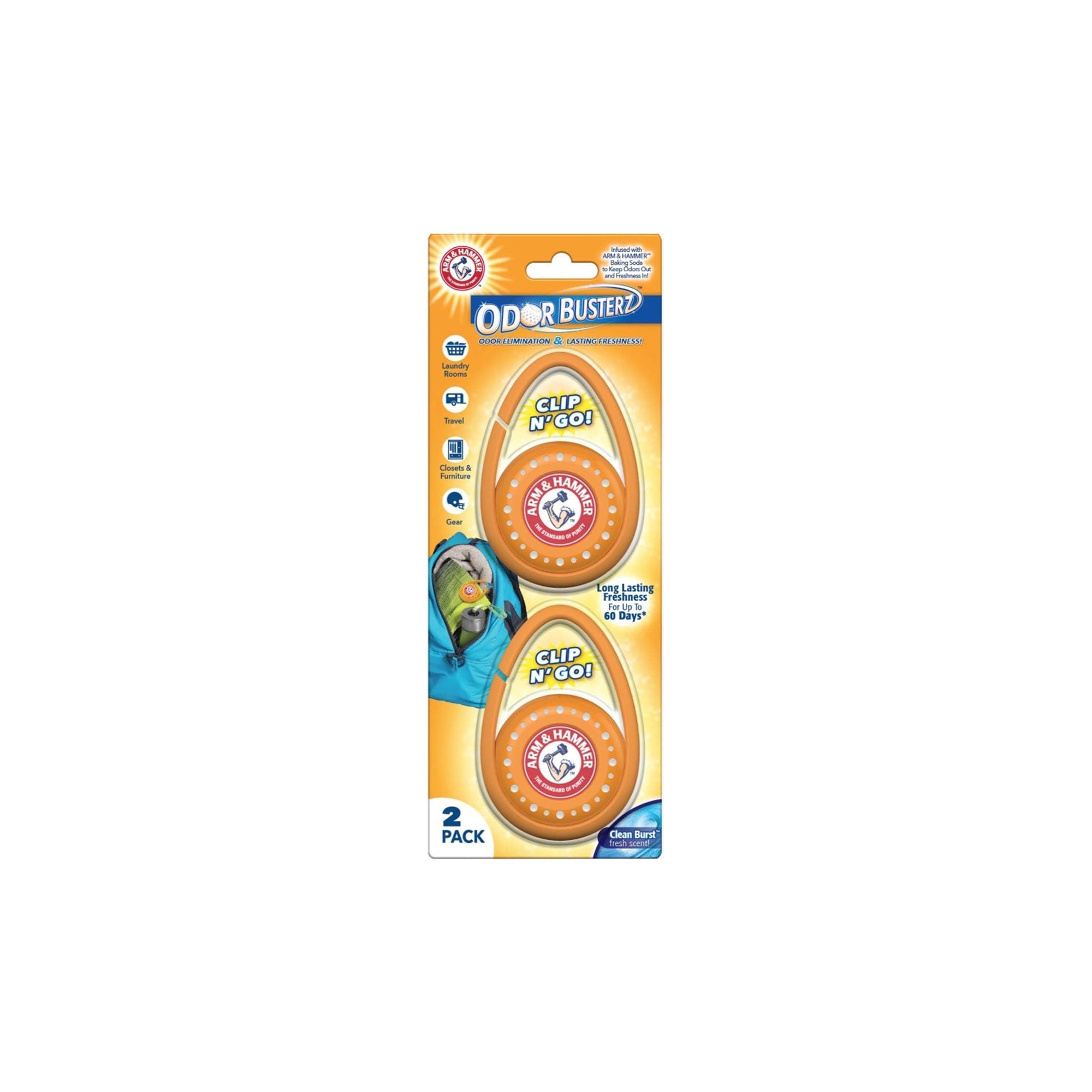Arm And Hammer Odor Busterz Clip N Go Deodorizer 2 Pack Odor Eliminator For Shoes Bags Gym Gear