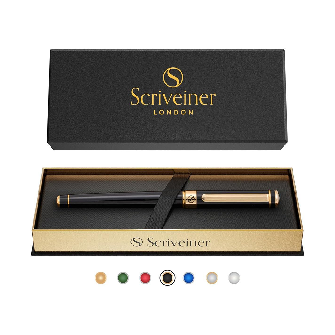 Scriveiner Black Lacquer Rollerball Pen Luxury Pen 24K Gold Finish with Schmidt Ink Refill Gift Set