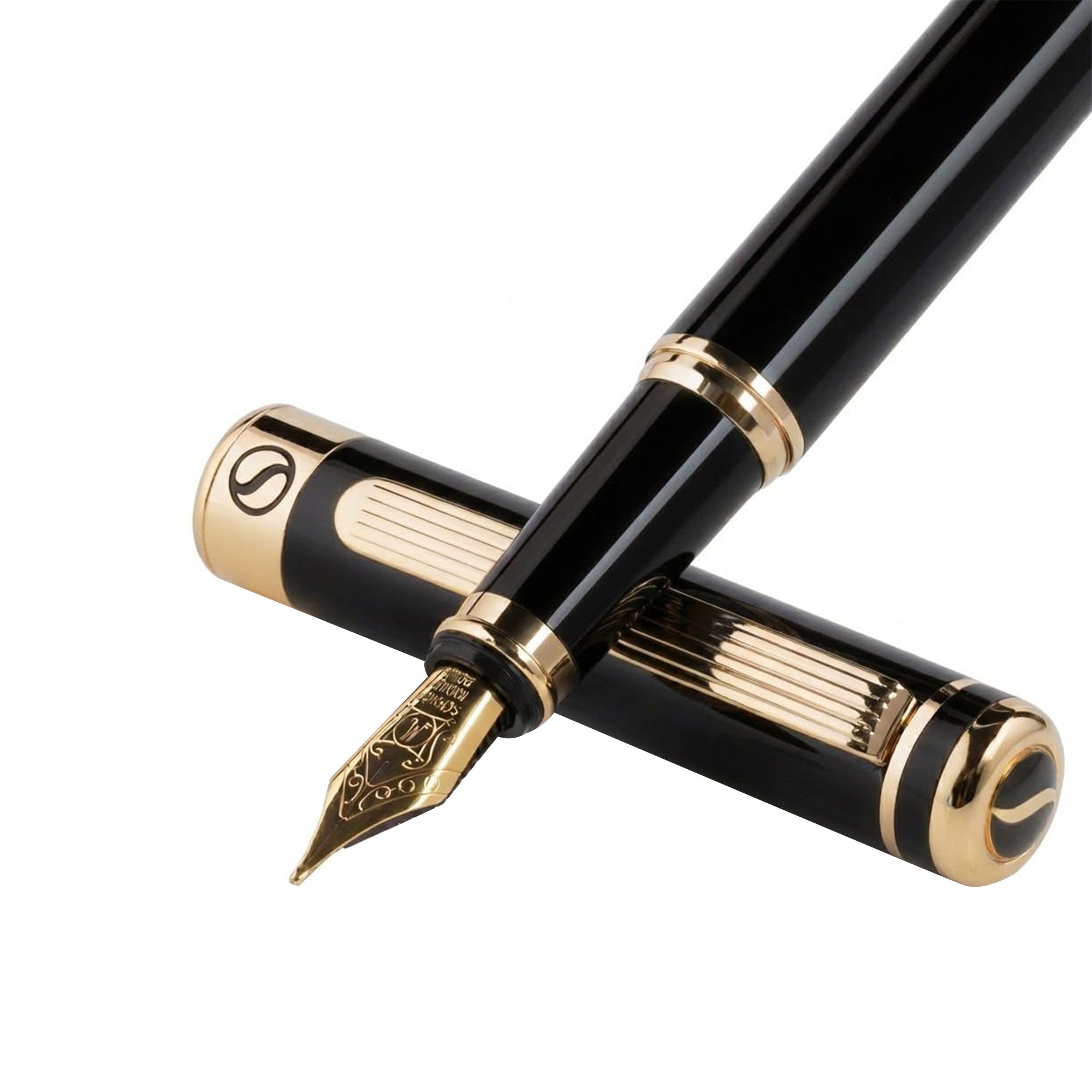 Scriveiner Luxury Fountain Pen – Black Lacquer with Real Gold Finish, Schmidt Gilded Nib (Medium), Converter Included, Premium Gift Set for Men & Women