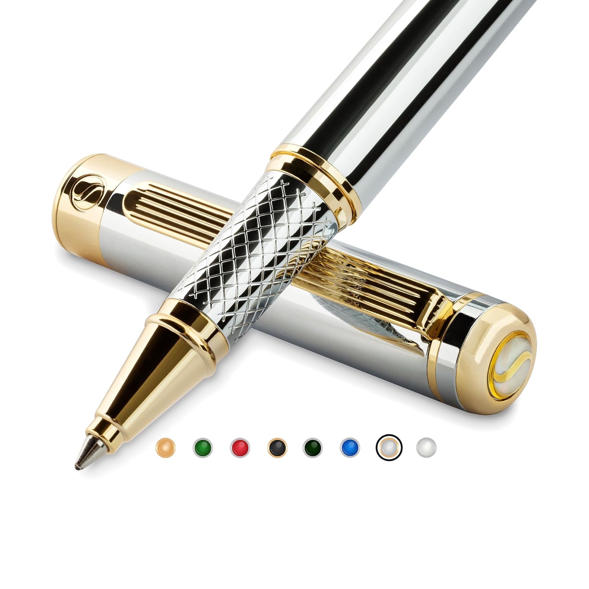 Scriveiner Silver Chrome Rollerball Pen – Luxury Pen with Real Gold Plating, Schmidt Ink Refill, Premium Gift Set for Men & Women, Professional Executive Office Use