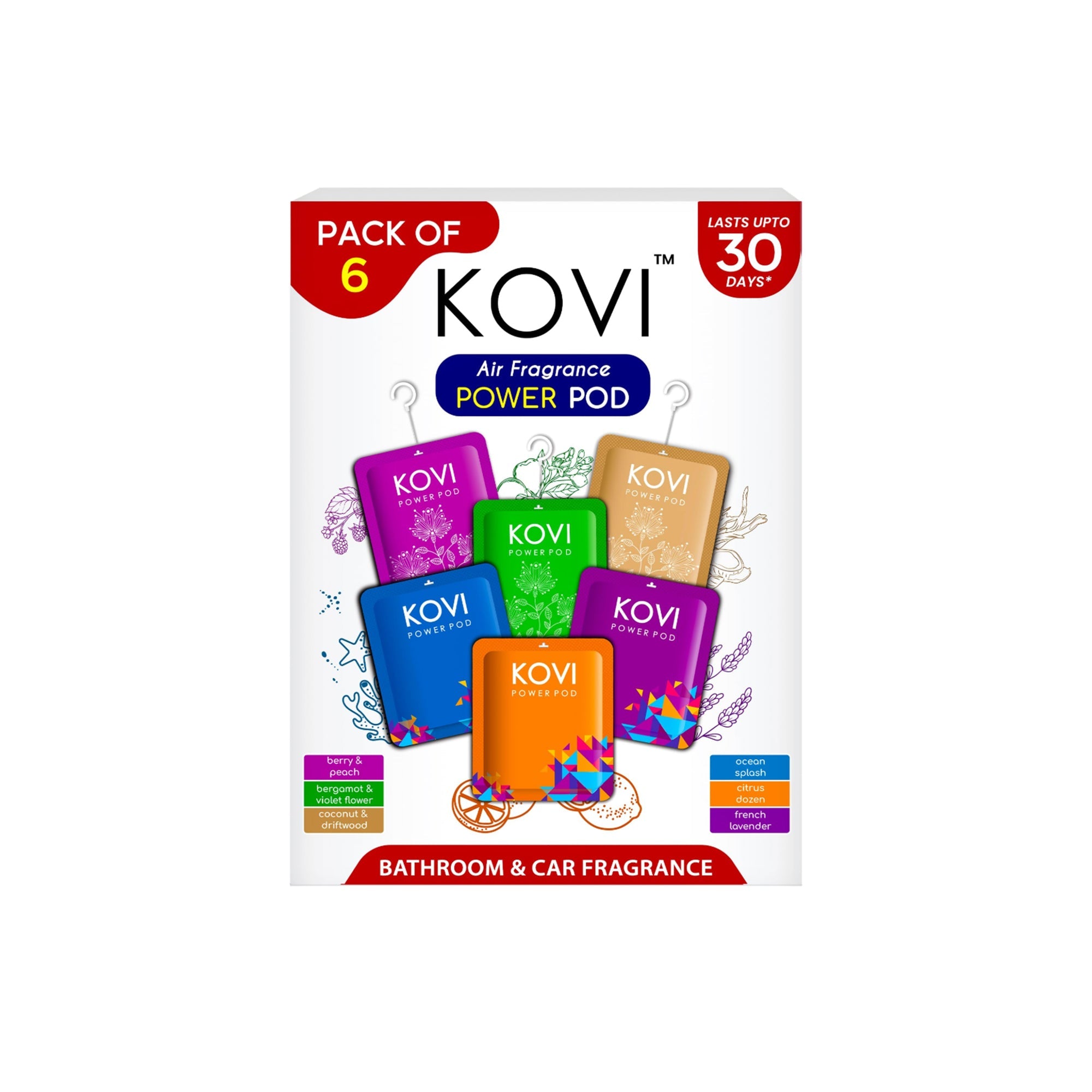 KOVI Air Fragrance Power Pod Pack of 6 – Long-Lasting Essential Oil Air Freshener for Car & Bathroom | Odor Eliminator Pods (10g Each)