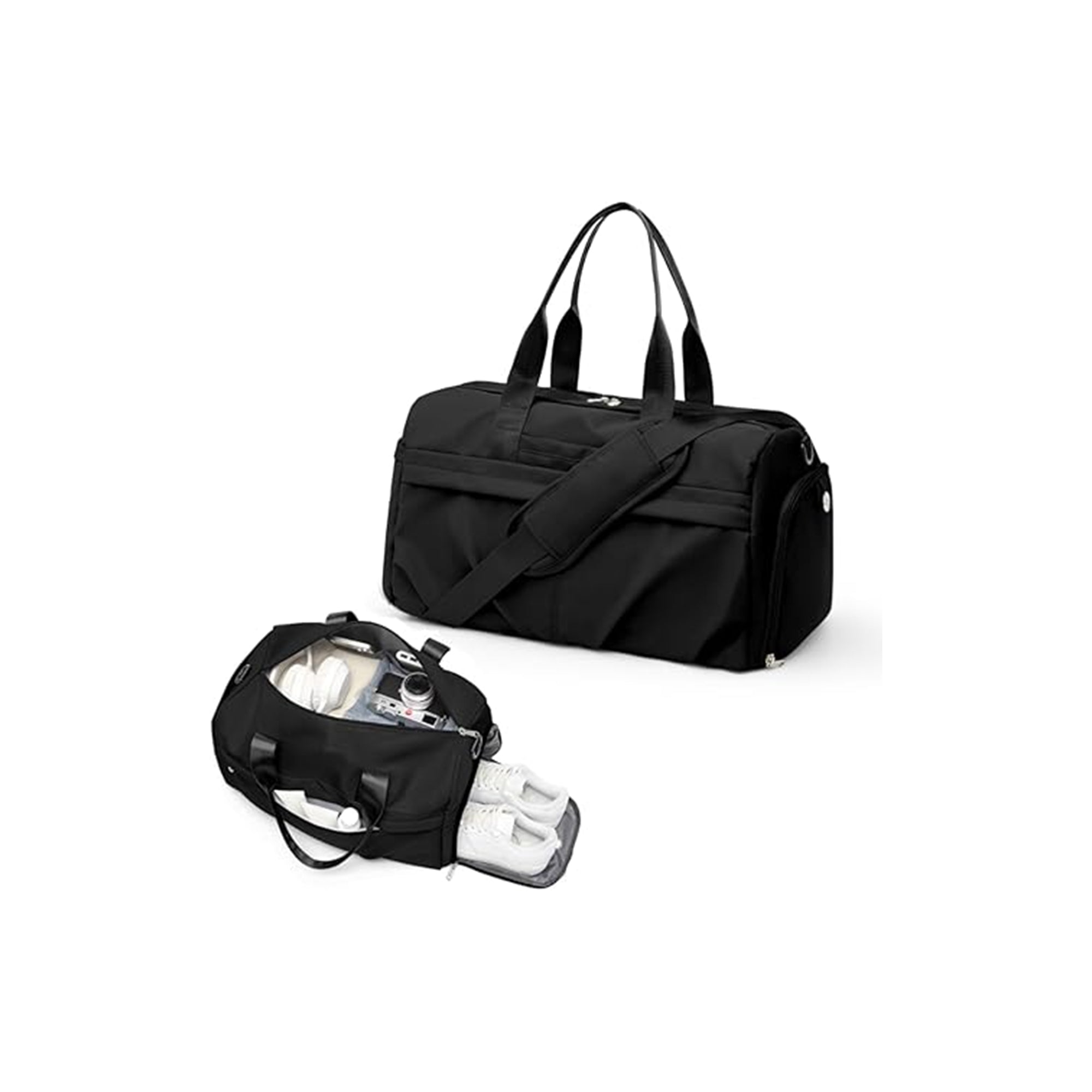 Gym Bag with Shoe Compartment – Waterproof Sport Duffel Travel Weekender Bag for Women & Men, with Trolley Sleeve for Gym, Yoga & Overnight Trips (Black)