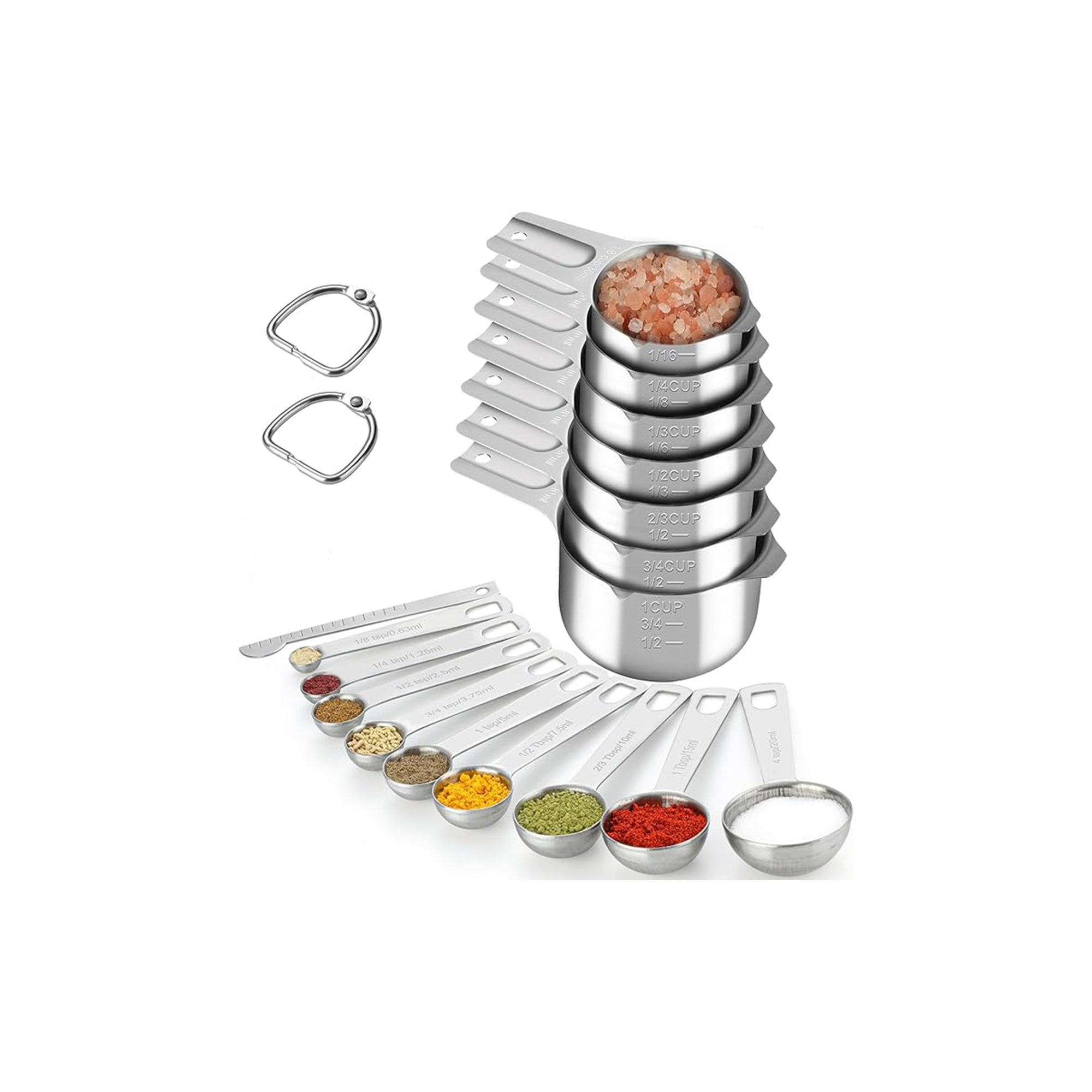 17-Piece Measuring Cups & Spoons Set – 18/8 Stainless Steel Kitchen Measuring Tools with Leveler & Ring Connector for Cooking & Baking (Silver)