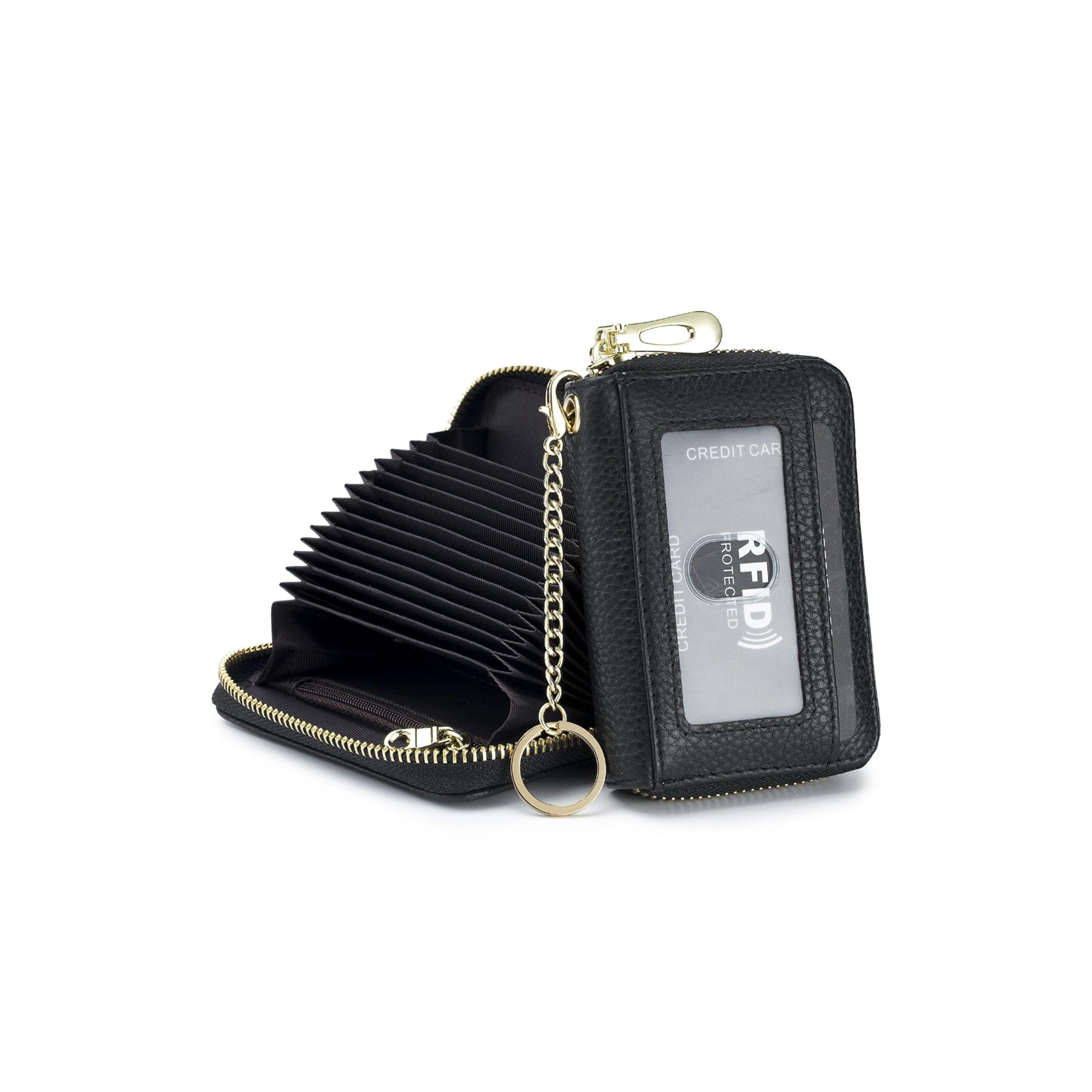 Leather Card Holder Wallet – RFID Protected Zipper Card Case with ID Window & Detachable Keychain for Men & Women (Pro Black)