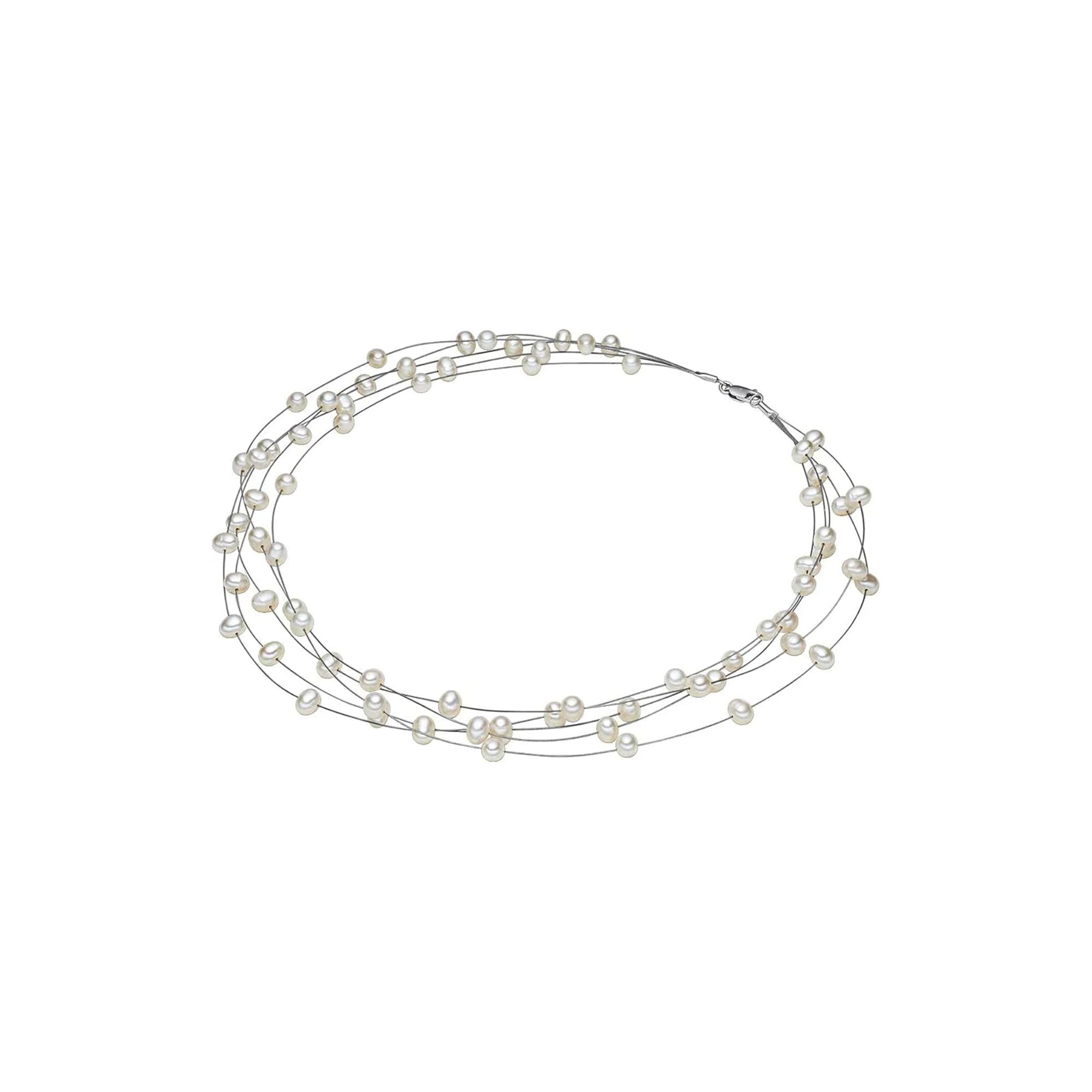 Valero Pearls Sterling Silver 925 Rhodium-Plated Necklace with White Freshwater Cultured Pearls (00400310)