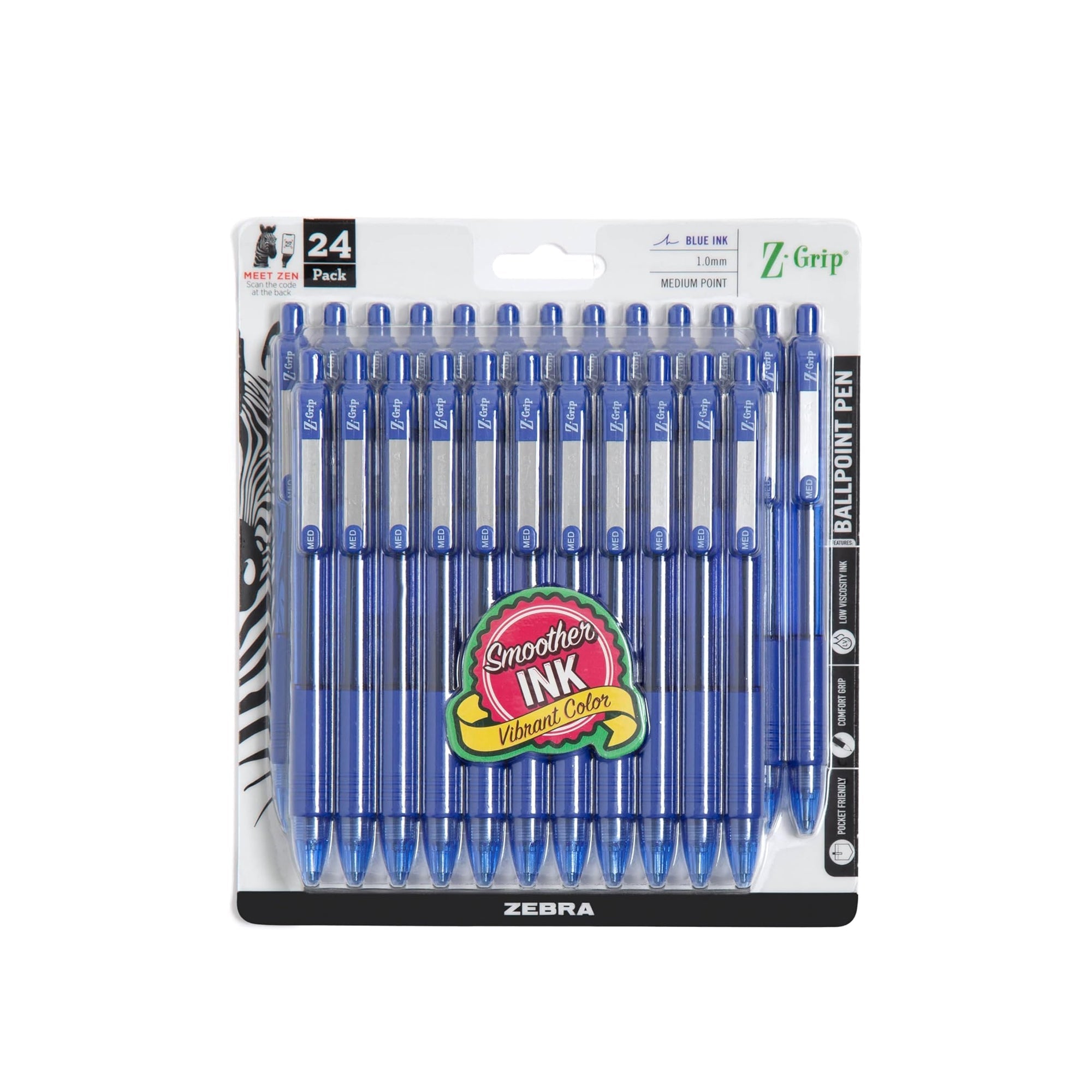 Zebra Z-Grip Retractable Ballpoint Pens 1.0mm Blue Ink – Smooth Writing Medium Point Pens for School, Office & Note-Taking