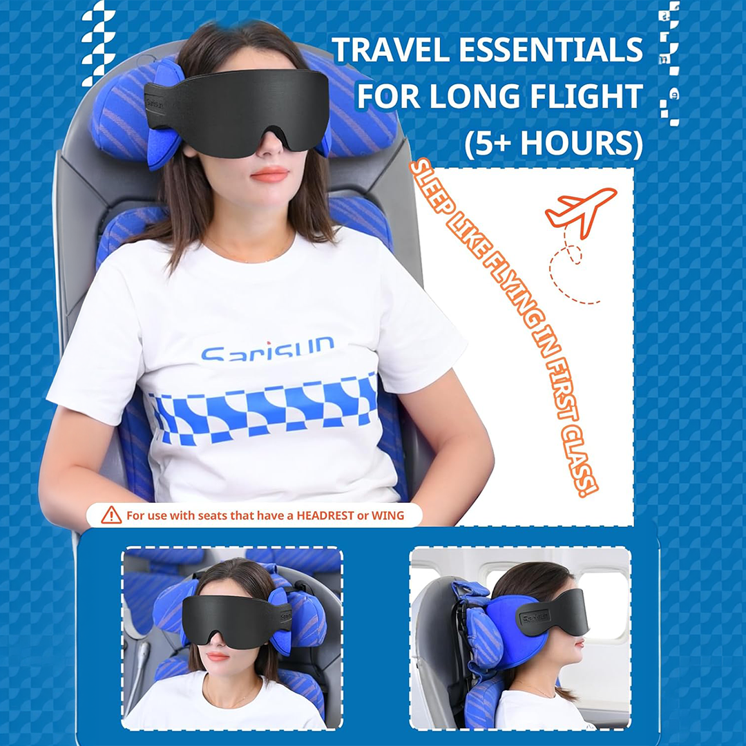 Travel Neck Pillow with Eye Mask Airplane Neck Pillow for Long Flights, Car Travel Headrest Cushion (Black)