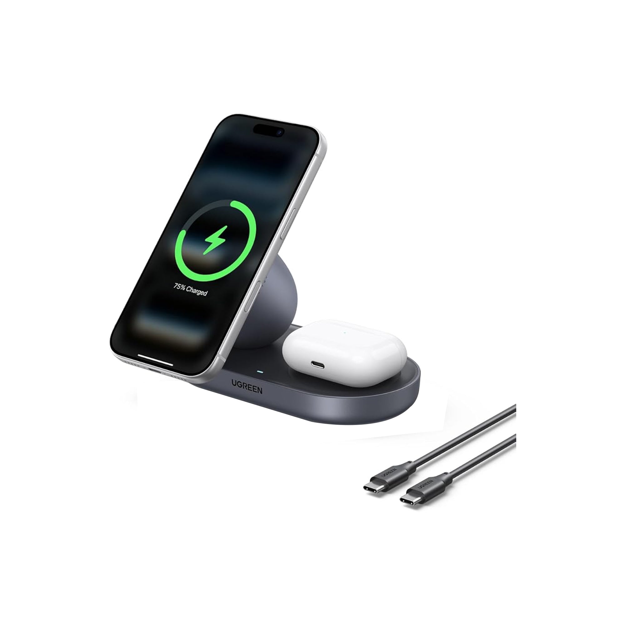 UGREEN Qi2 15W 2-in-1 MagSafe Wireless Charger Stand – Magnetic Fast Charging Station for iPhone & AirPods with USB-C Cable (1M)