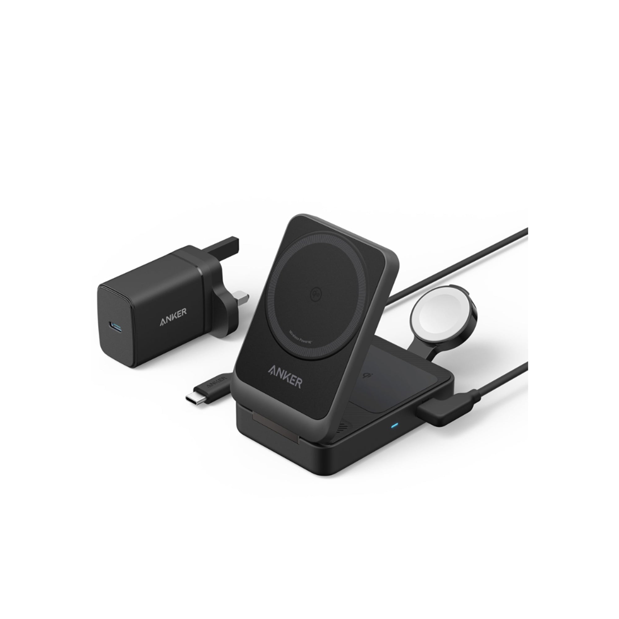 Anker MagGo 3-in-1 Wireless Charging Station – Qi2 Certified 15W MagSafe-Compatible Stand with Apple Watch Charger & 40W USB-C Adapter (for iPhone, AirPods)