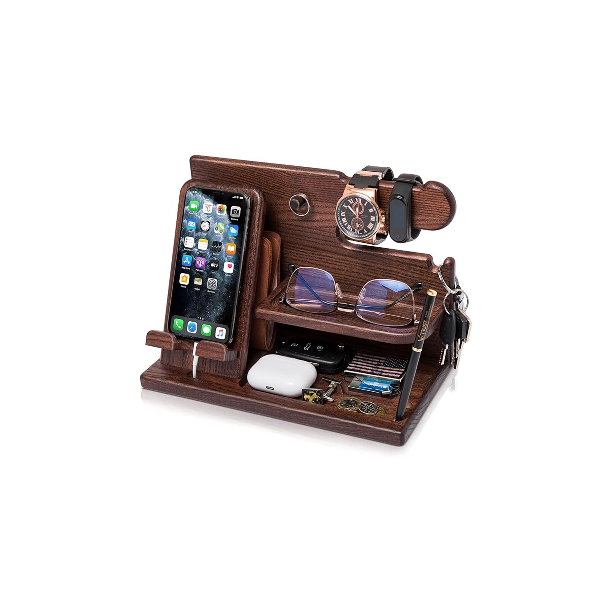 TESLYAR Wooden Phone Docking Station & Desk Organizer – Ash Key Holder, Wallet, Watch Stand for Men, Nightstand Organizer Gift (Brown)