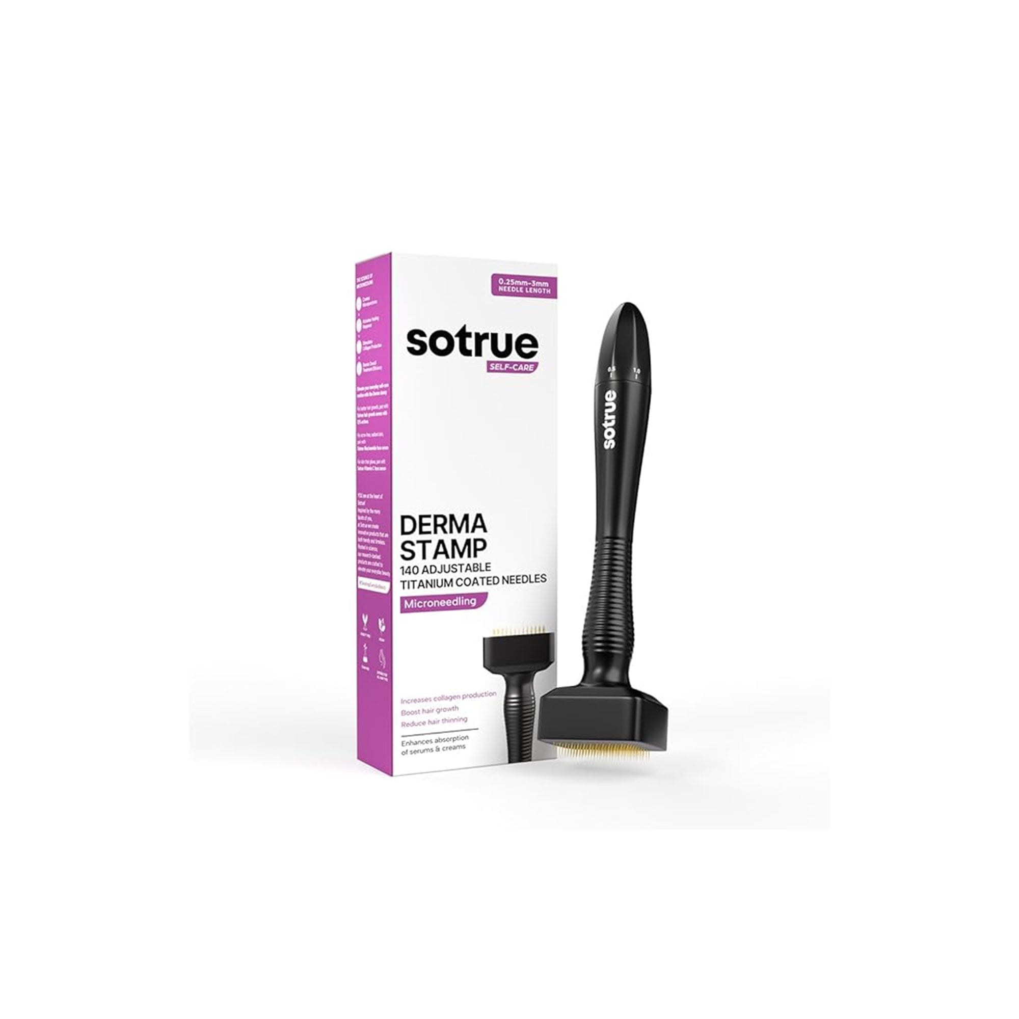 Sotrue Derma Microneedling Stamp for Hair Growth – Titanium Coated Adjustable Needles (0.25mm–3mm), 140 Pin Derma Stamp for Skin, Face, Beard & Scalp Care
