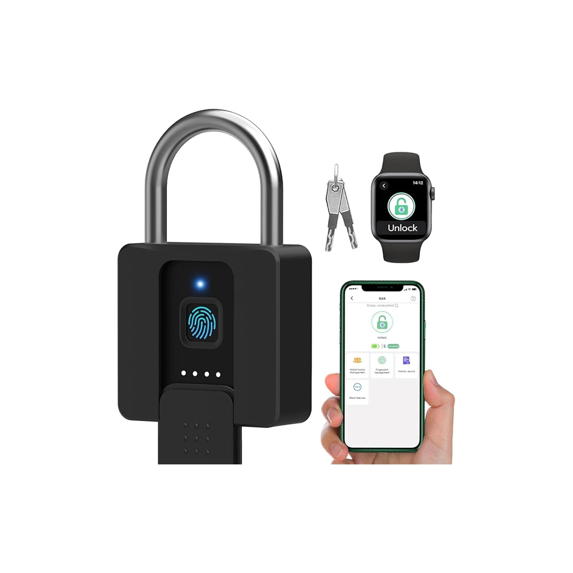 Dhiedas Fingerprint Padlock with Key Backup – Bluetooth Smart Biometric Lock, Waterproof Heavy-Duty Combination Lock for Outdoor Gates, Sheds, Warehouses & Gym Storage