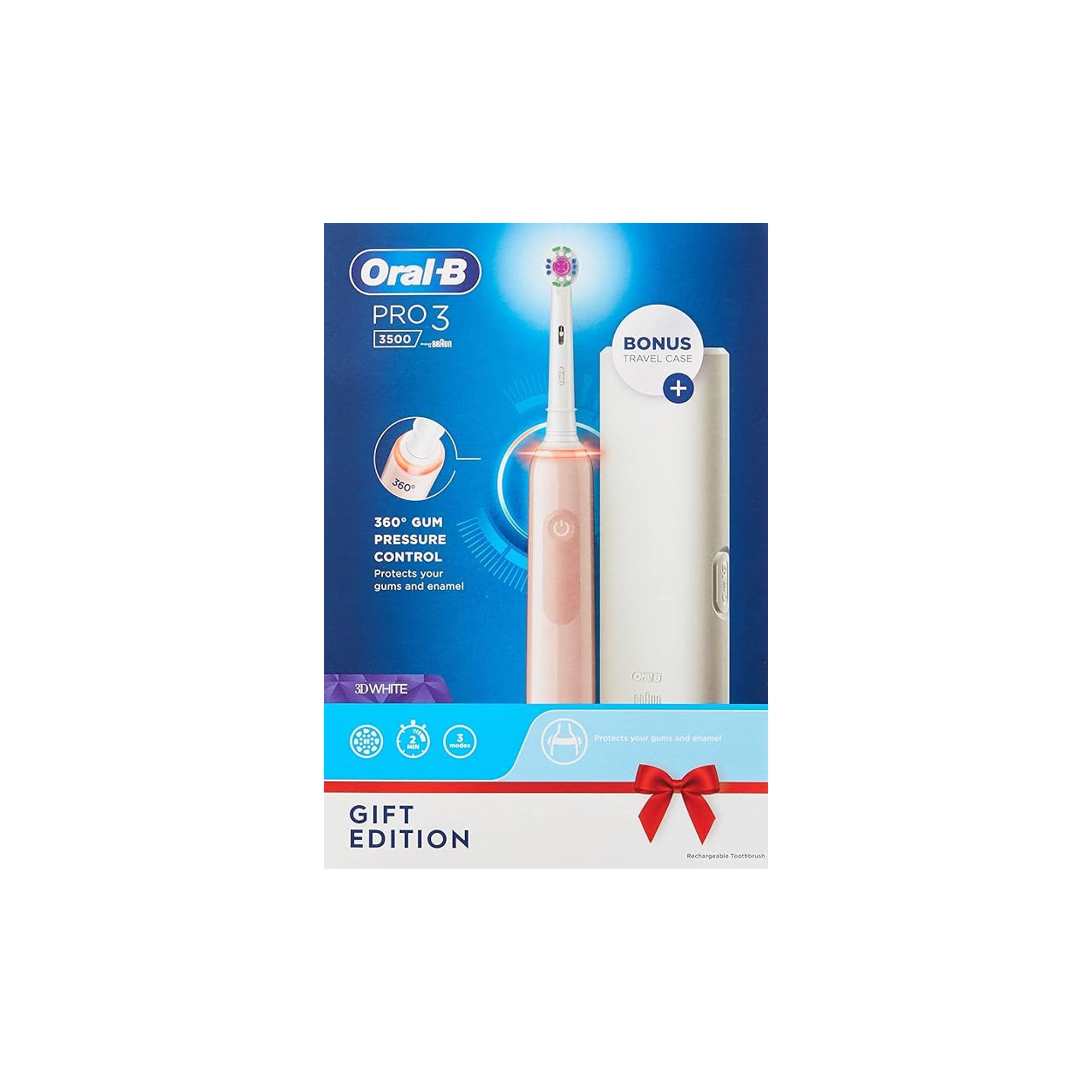Oral B Pro 3 3500 Pink Electric Toothbrush Visible Pressure Sensor 1 Brush Head Travel Case Designed by Braun