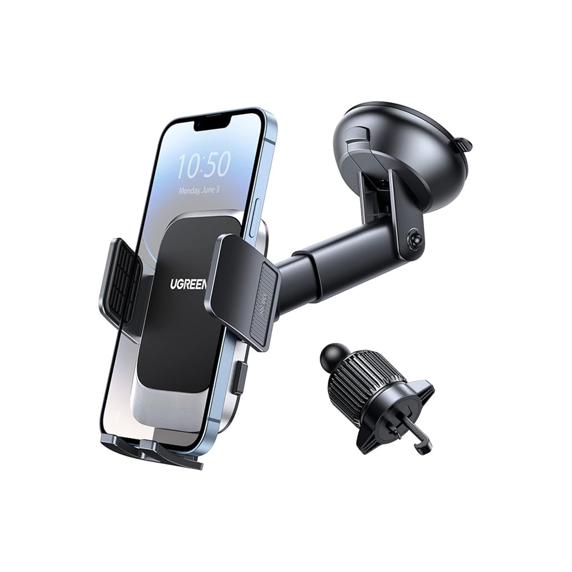 UGREEN 4-in-1 Car Phone Holder Mount – Dashboard, Air Vent & Windshield Mount with One-Button Release for iPhone & Samsung (4.7–7.2”)