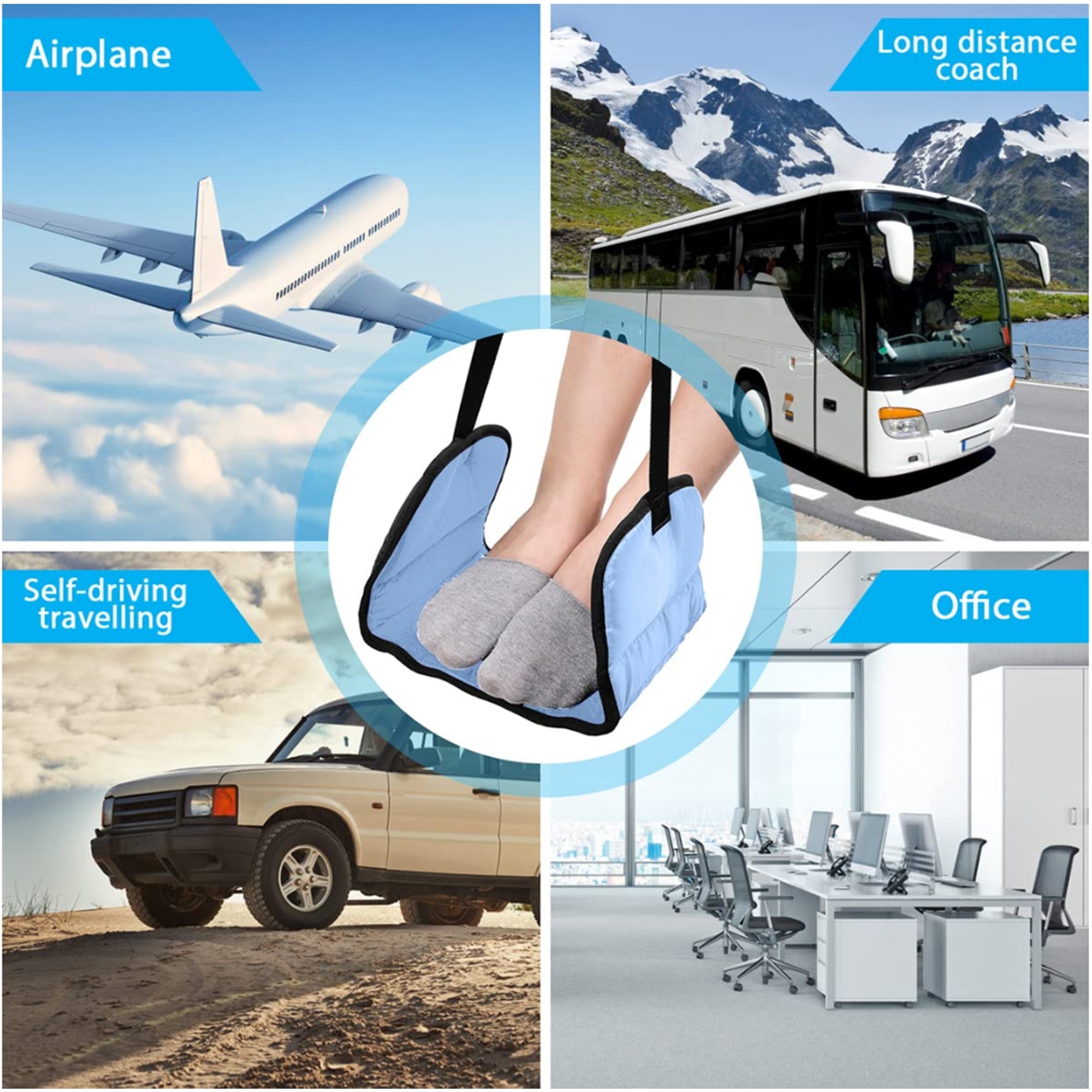 BESKAR Airplane Footrest – Memory Foam Travel Foot Hammock for Flights | Portable Plane Leg Rest for Comfort & Relaxation on Long Trips (Blue)