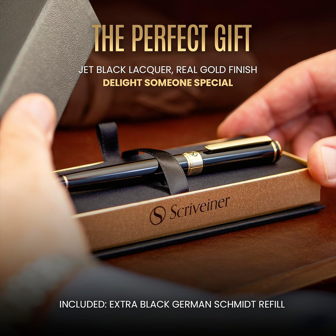 Scriveiner Black Lacquer Rollerball Pen Luxury Pen 24K Gold Finish with Schmidt Ink Refill Gift Set