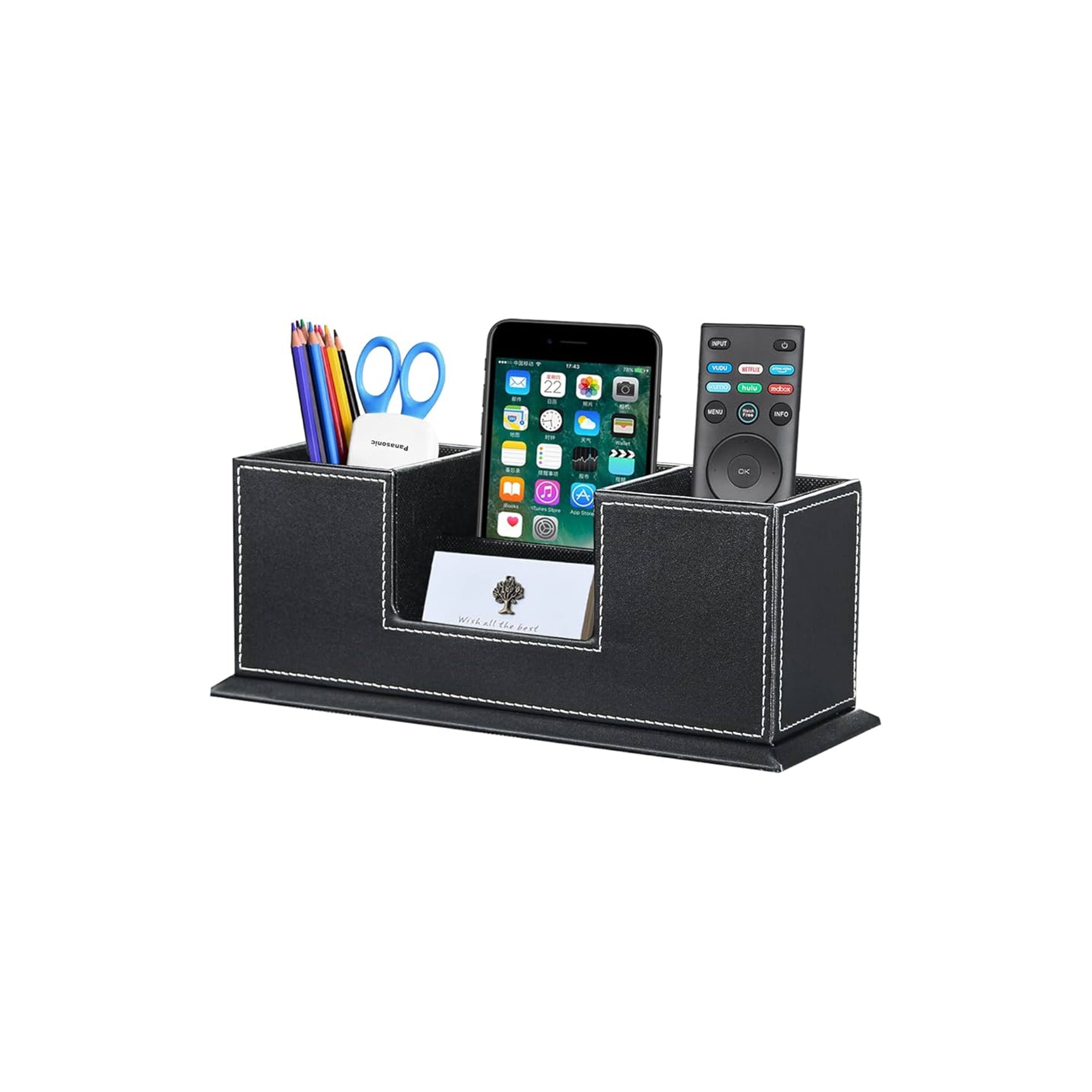 Office Pencil Holder PU Leather Multifunctional Desk Organizer for Pens Business Cards Phone and Remote