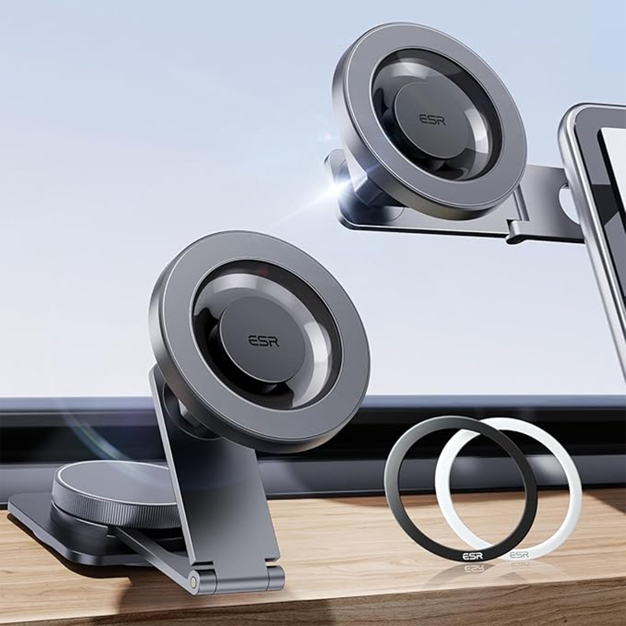 ESR MagSafe Car Mount Magnetic Phone Holder with 2 Metal Rings – Dashboard/Tesla Touchscreen Mount for iPhone & Android