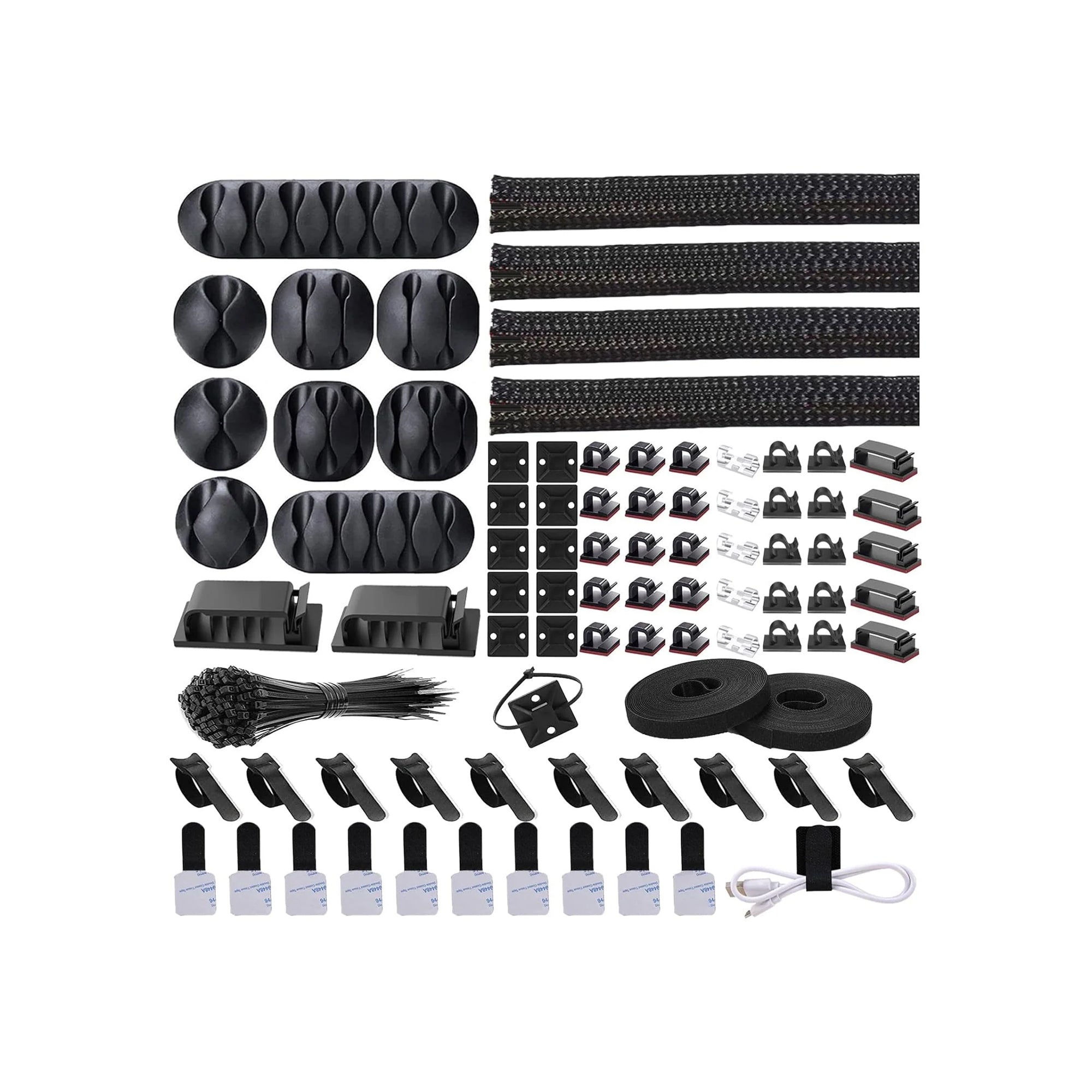 N NOROCME Cord Management Organizer Kit 4 Cable Sleeve Split with 41Self Adhesive Cable Clips Holder, 10pcs and 2 Roll Self Adhesive tie and