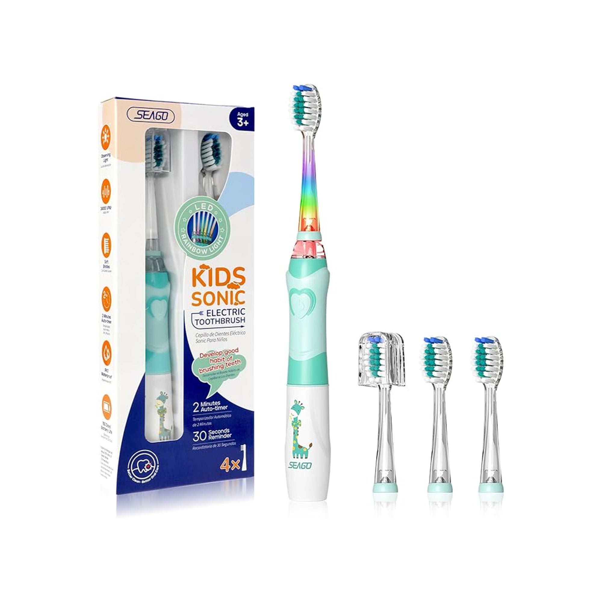 SEAGO Kids Electric Toothbrush SG-977 with 2-Min Timer and 4 Replacement Heads Rainbow LED Light Green – Battery Powered Toothbrush for Kids (Ages 5–8)