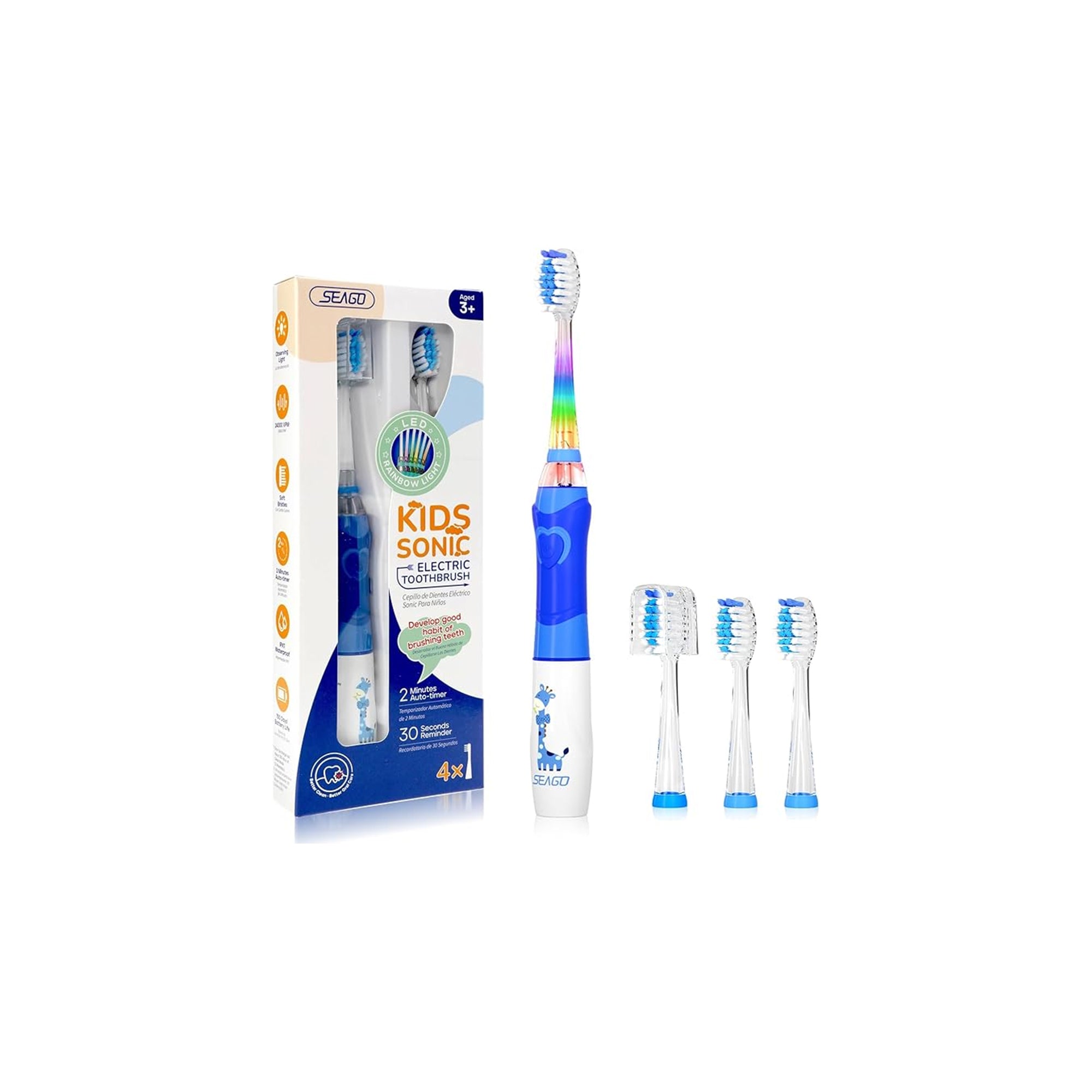 SEAGO Kids Electric Toothbrush SG-977 with 2-Min Timer Rainbow LED Light Green – Battery Powered Toothbrush for Kids (Ages 4–12)