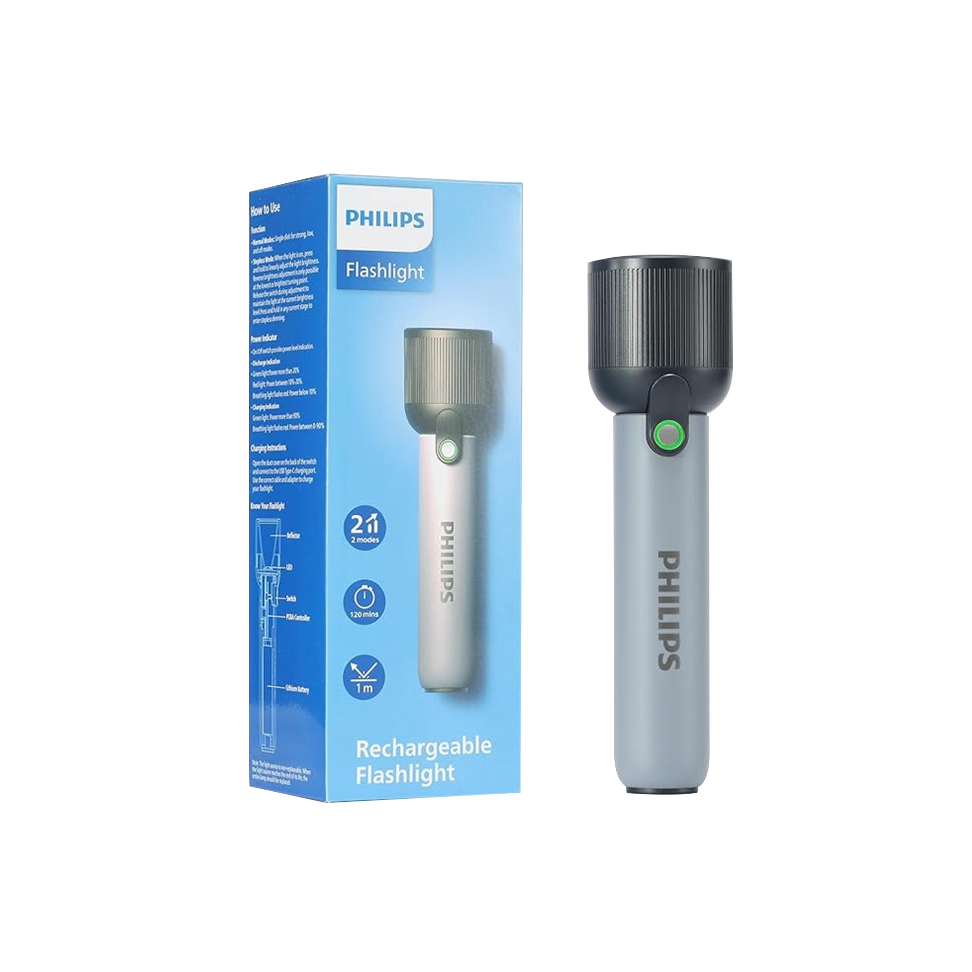 PHILIPS Handheld Torch Light 2000mAh Rechargeable 400LM 2 Modes IP44 Waterproof Gray – Portable LED Flashlight for Home & Outdoor Use