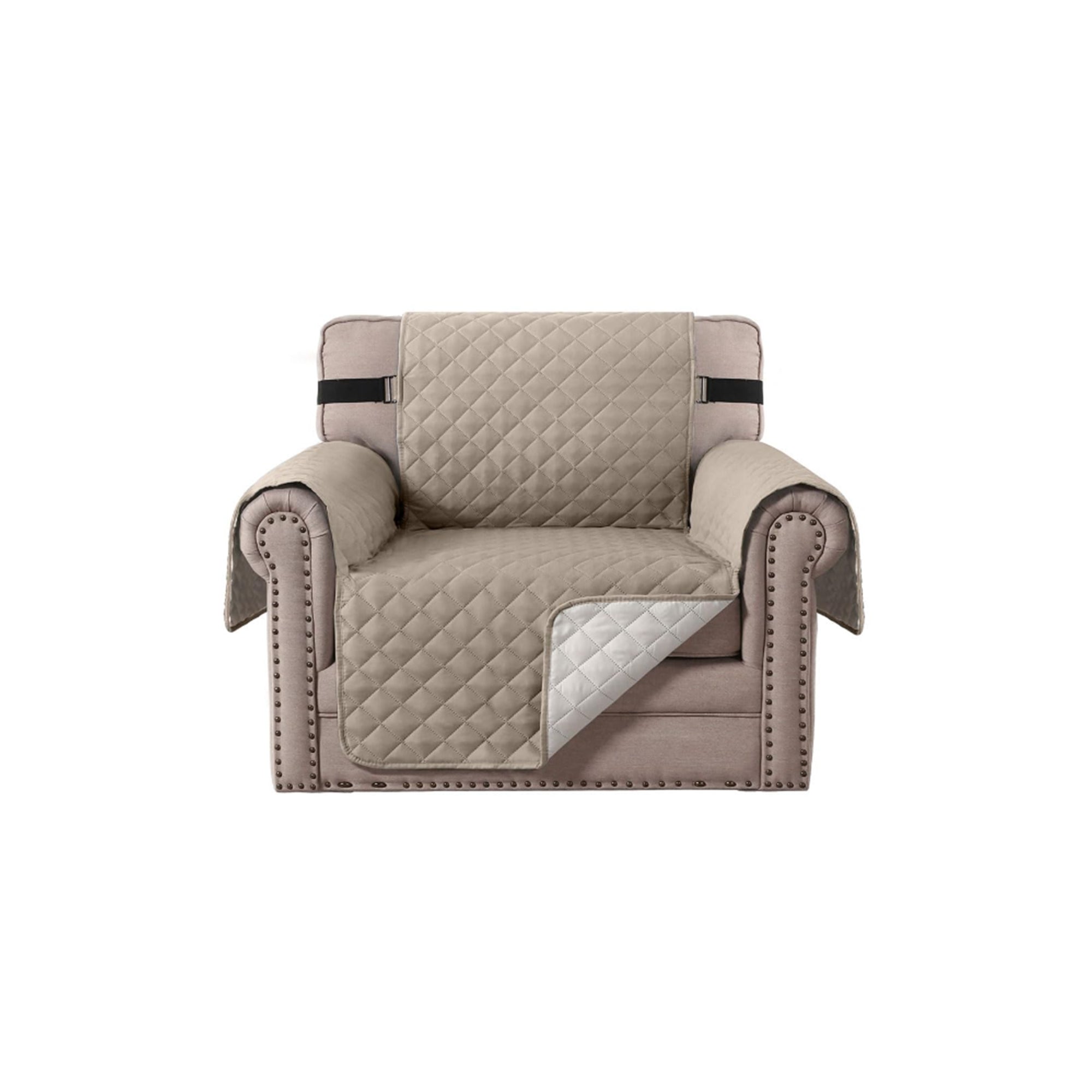 JZS Waterproof Reversible Sofa Slipcover 1 Seater Khaki with Foam Sticks Elastic Straps – Water-Resistant Furniture Protector