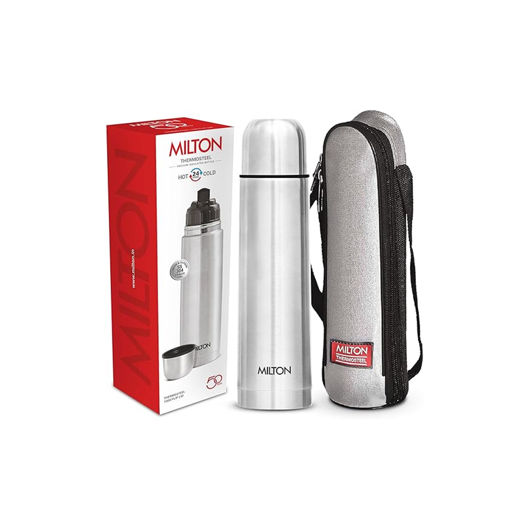 Milton Flip Lid 1000 Thermosteel 1 Litre Vacuum Insulated Water Bottle with Bag – Silver (24 Hours Hot & Cold)
