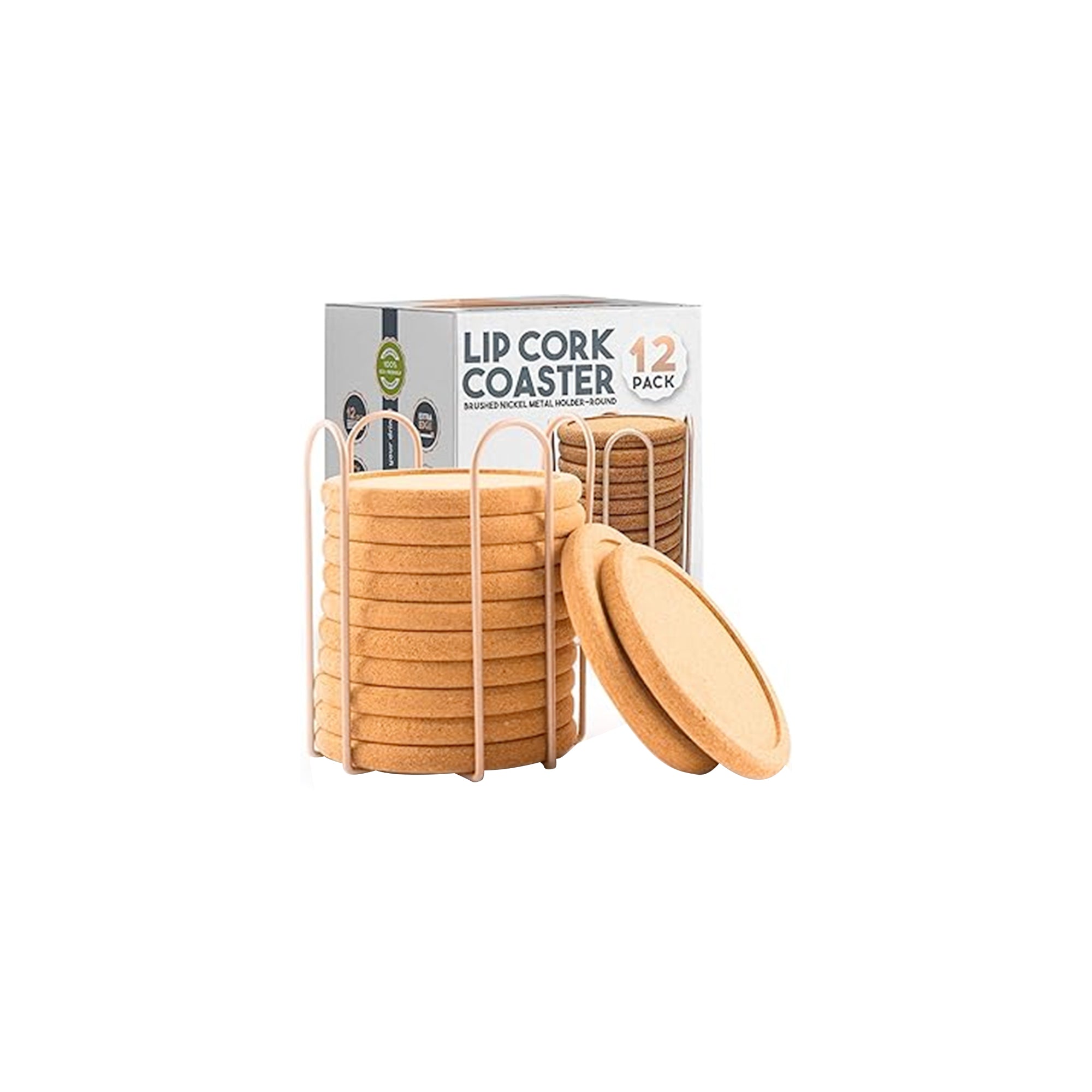 Decopom Cork Coaster Set with Brushed Nickel Trim and Holder