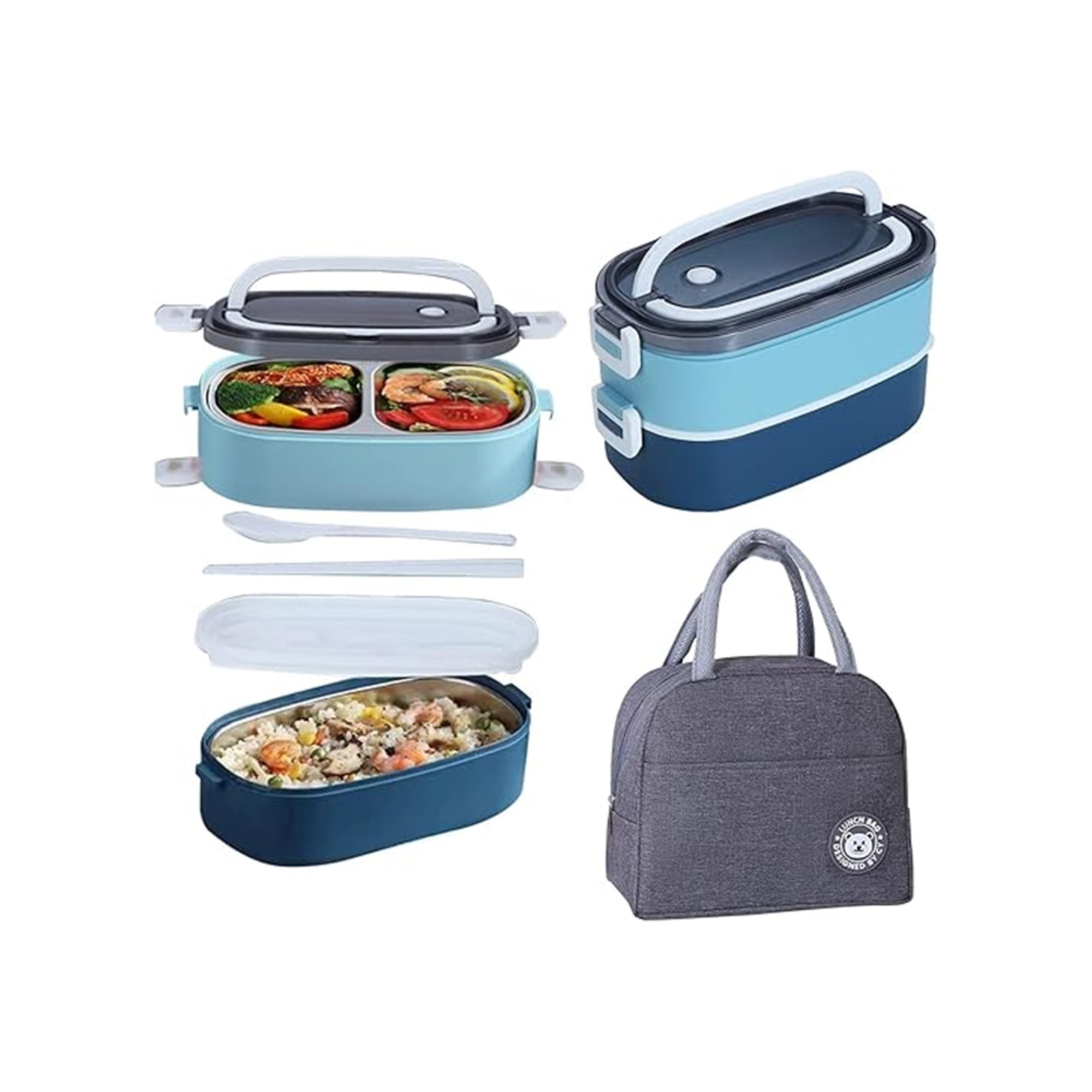 TAPIT Bento Lunch Box with Bag Stainless Steel Food Container Blue – Insulated Lunch Box with Utensils & Carry Bag