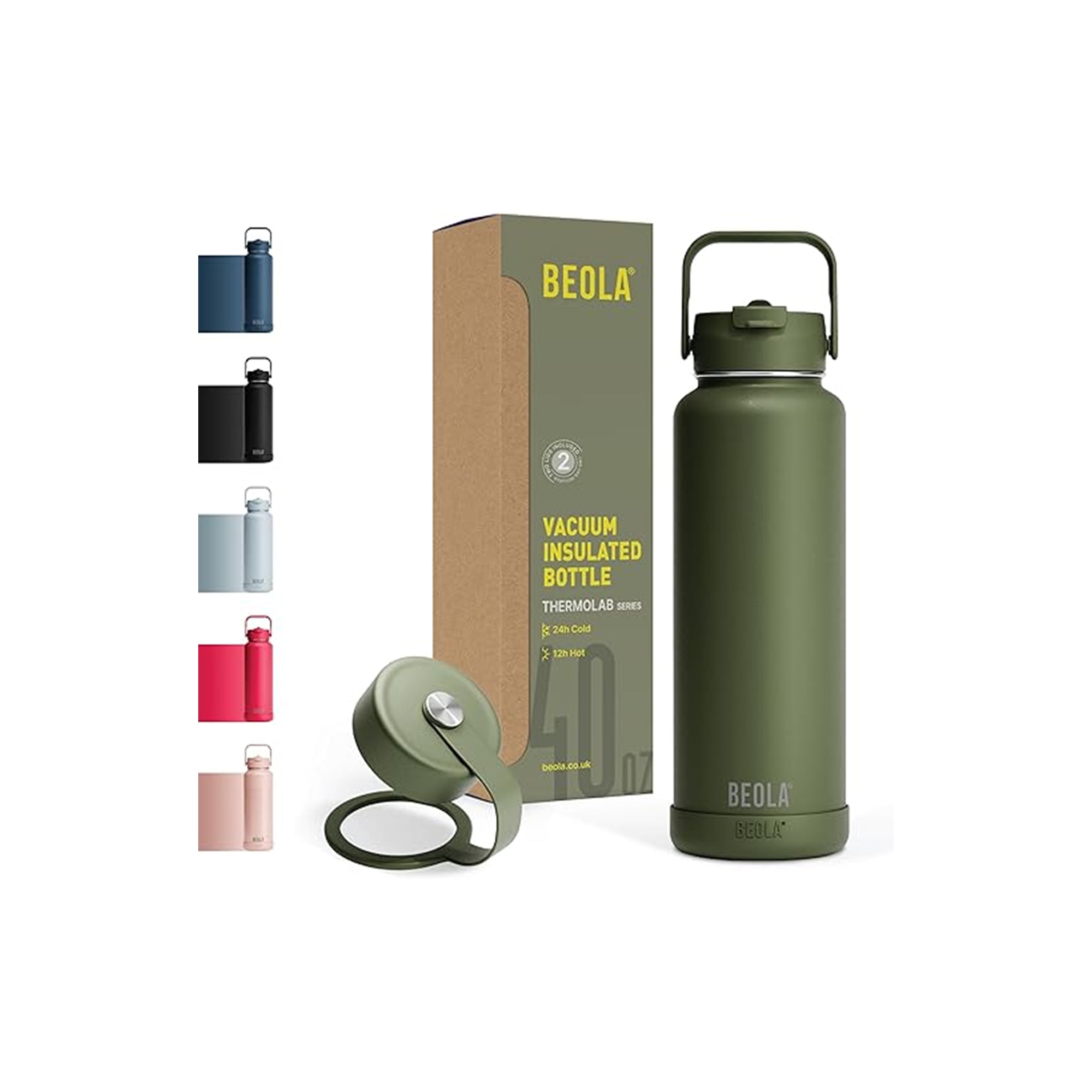 BEOLA 1200ml Vacuum Insulated Water Bottle Double Wall Stainless Steel Thermos Bottle Forest Green – Large Sports Thermos with Dual Lids