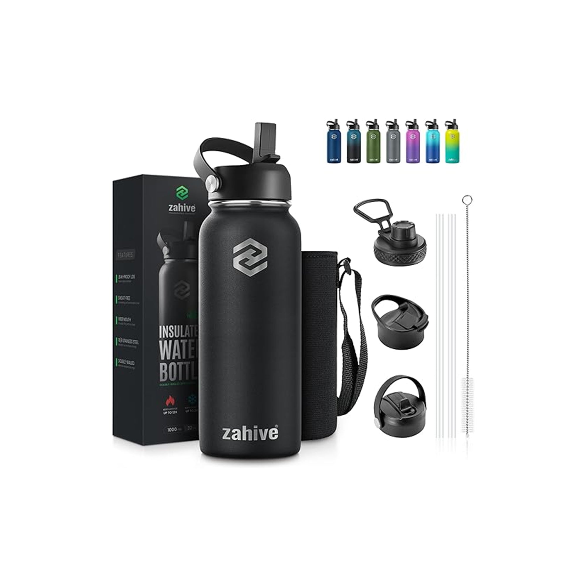 Stainless Steel Water Bottle 1L with 3 Lids & Bag Insulated Double Wall Thermos Black – Multi-Lid Insulated Sports Bottle