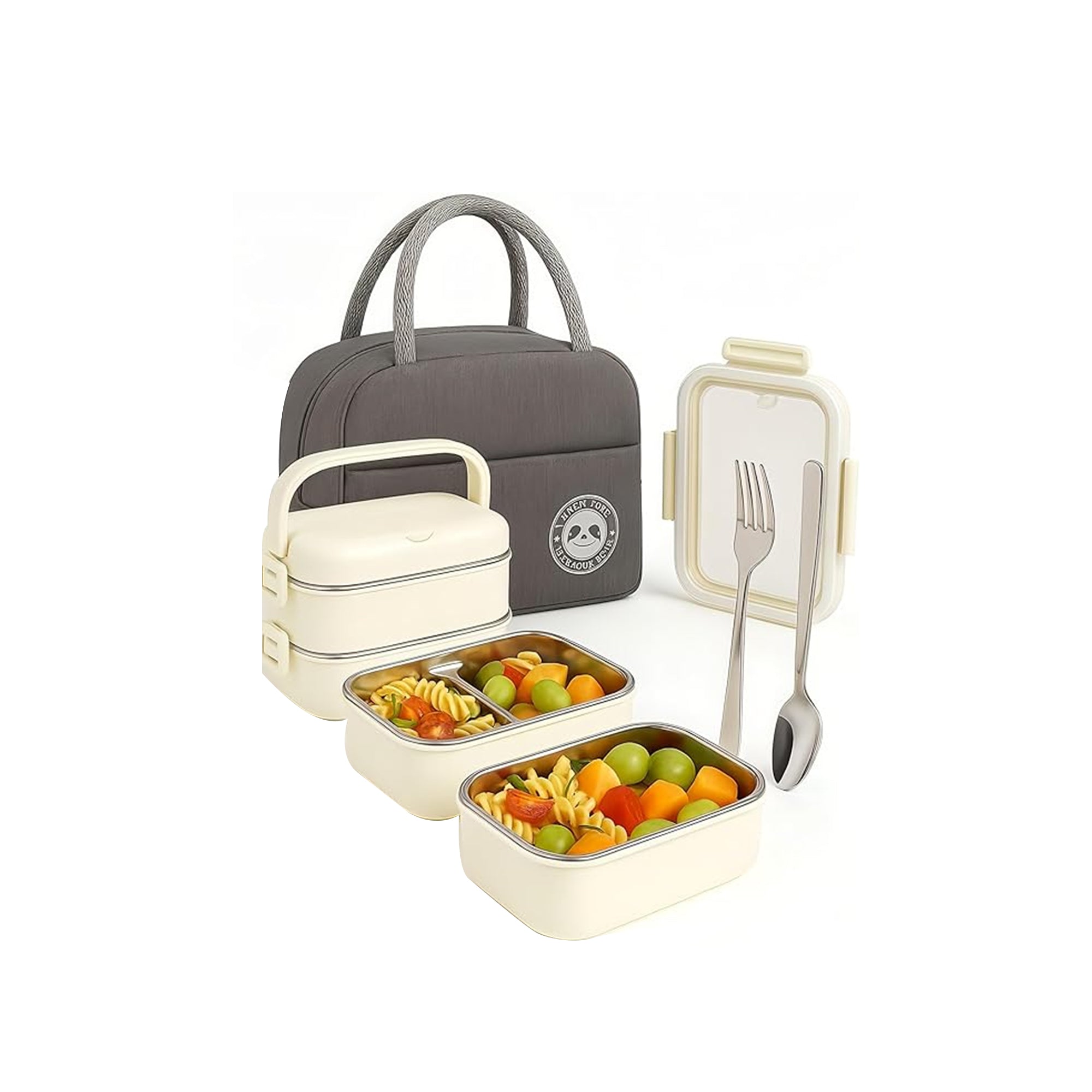 Stainless Steel Lunch Box 1400ml 2-Layer Bento Box with Insulated Bag Spoon & Fork Cream White BPA Free – Insulated 2-Layer Bento Meal Box Set