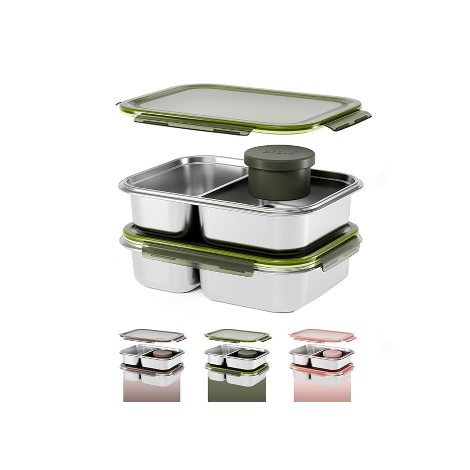BEOLA Stainless Steel Lunch Box 2 Compartment Bento Box Set of 2 Forest Green – Leakproof 2-Compartment Bento Snack Boxes
