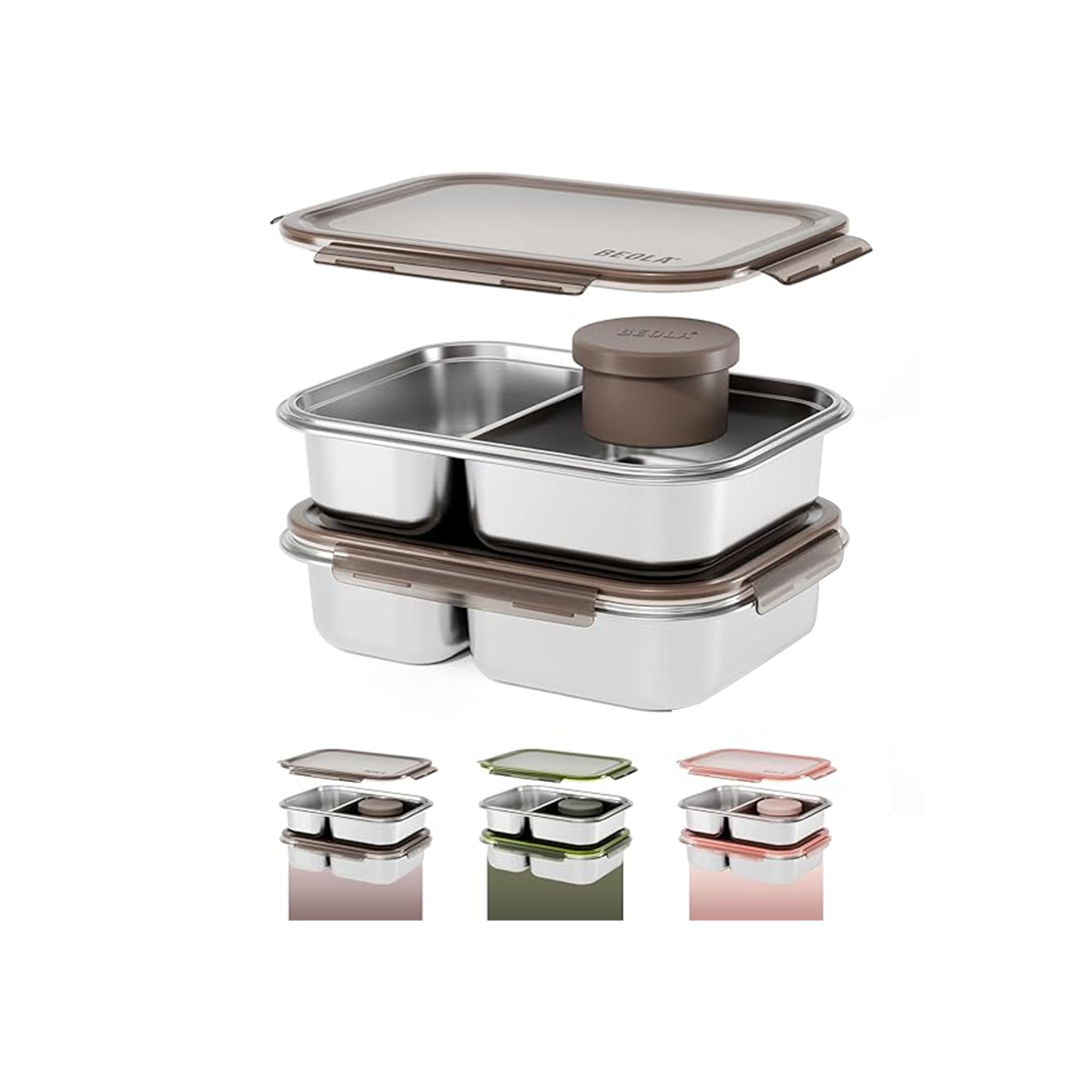 BEOLA Stainless Steel Lunch Box 2 Compartment Bento Box Set of 2 Sand Dune – Leakproof 2-Compartment Bento Snack Containers